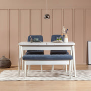 Conjunto de Mesa de Jantar Extensível e Cadeiras (4 peças) – 129cm x 75cm x 80cm – Branco e Azul Escuro – Aglomerado revestido de melamina e pernas de madeira de faia
