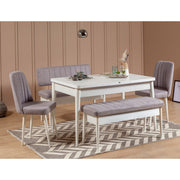 Conjunto de Mesa de Jantar Extensível e Cadeiras (5 peças) – 130 cm x 80 cm x 77 cm – branco e veludo – aglomerado revestido de melamina