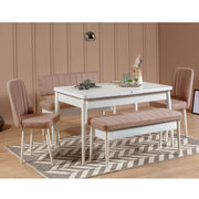 Conjunto de mesa de jantar extensível e cadeiras – 130 cm largura, 165 cm aberto – branco e pedra – MDF revestido de melamina e veludo