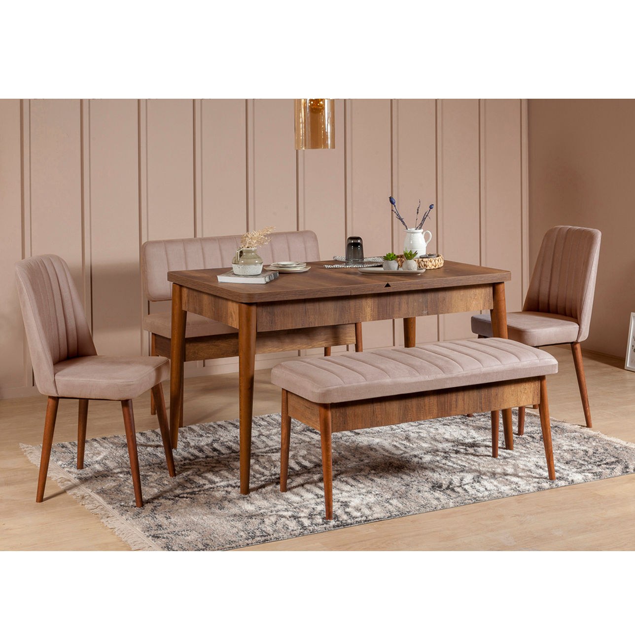 Conjunto de mesa de jantar extensível e cadeiras (5 peças), nogueira e pedra, 130-165 cm | 100% veludo e revestimento em melamina | Design rústico moderno para refeições elegantes