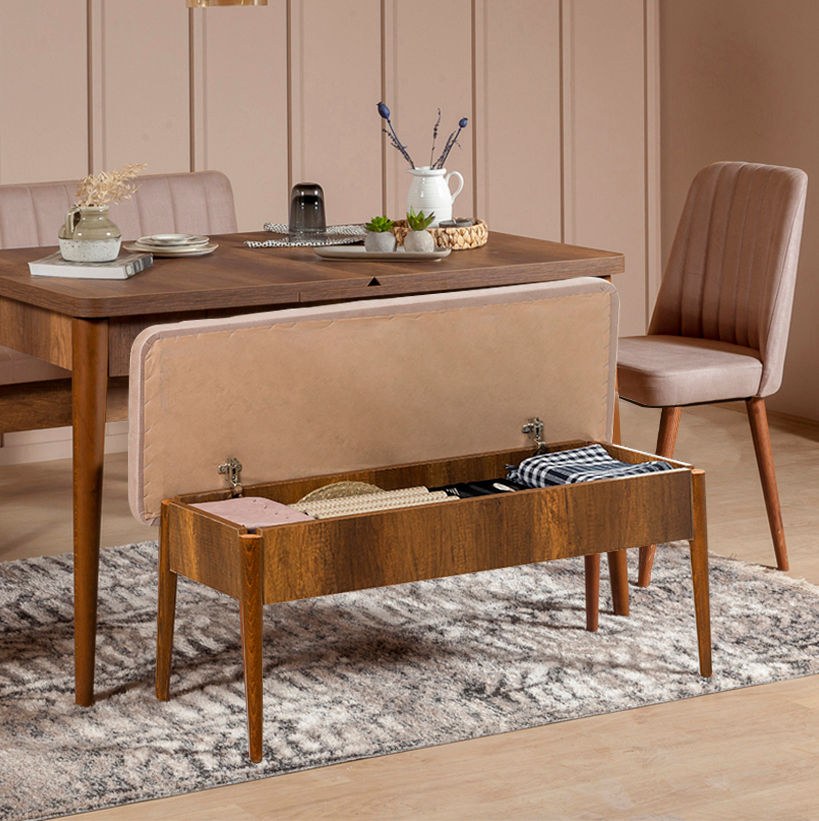 Conjunto de mesa de jantar extensível e cadeiras (5 peças), nogueira e pedra, 130-165 cm | 100% veludo e revestimento em melamina | Design rústico moderno para refeições elegantes