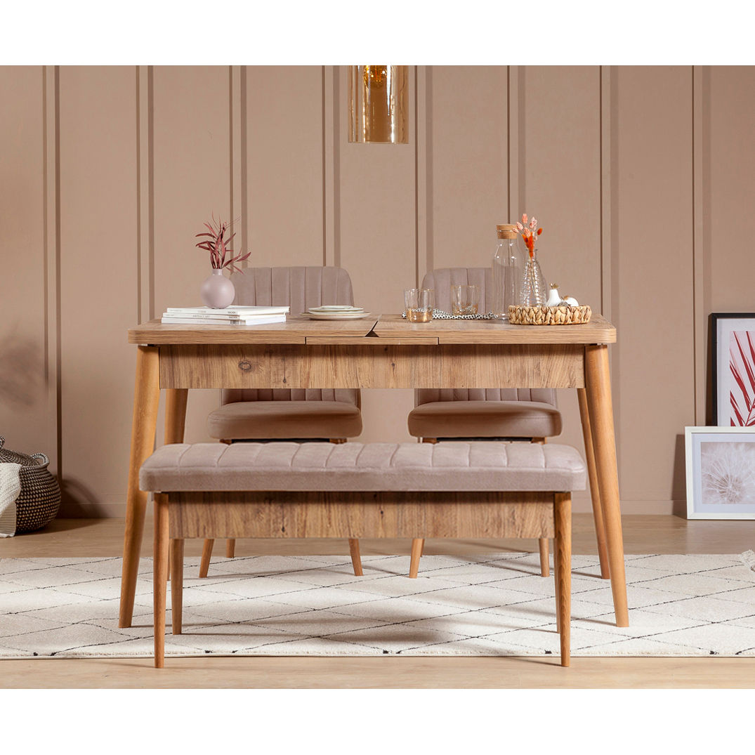 Conjunto de mesa de jantar extensível e cadeiras (4 peças), pinho atlântico e pedra, 130-165 cm | 100% veludo, pernas de madeira de carpa | Design rústico moderno para refeições elegantes