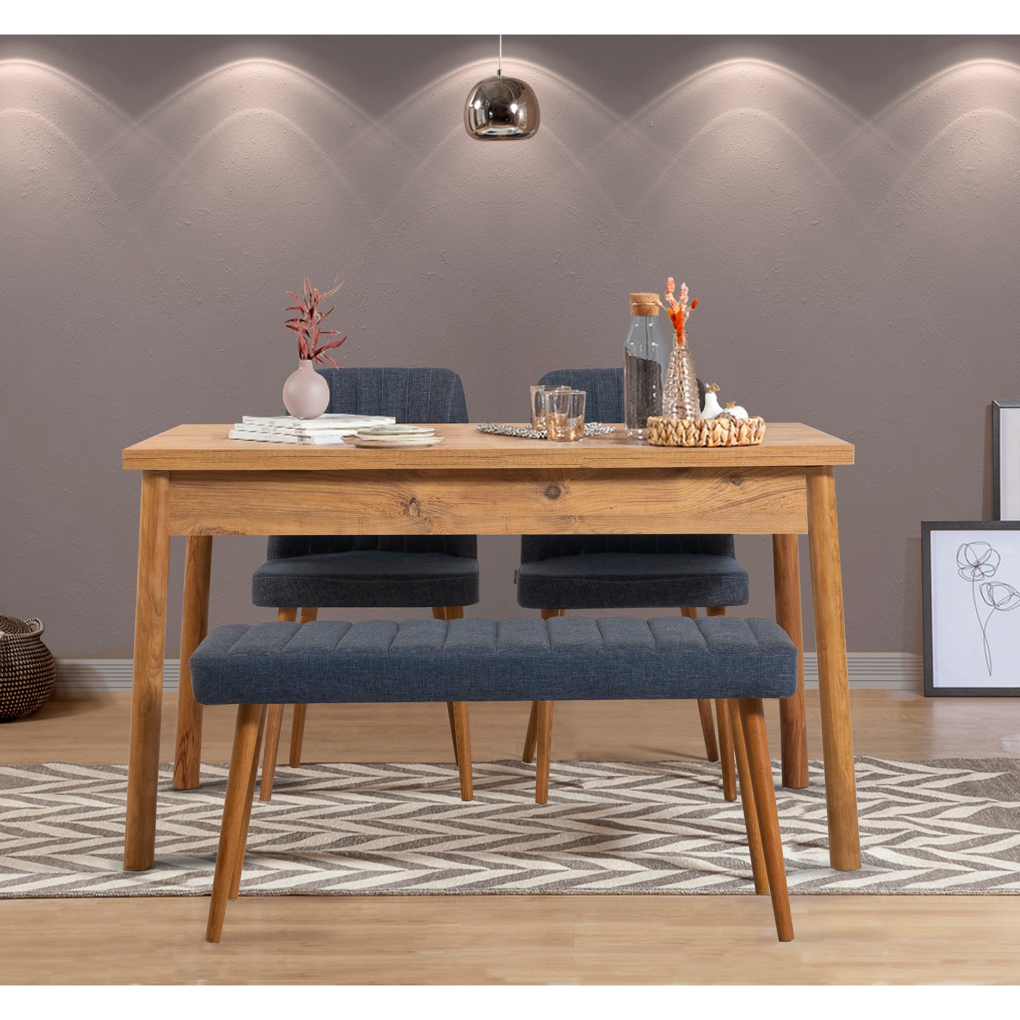 Conjunto moderno de mesa e cadeiras de 4 peças, pinho atlântico e azul-marinho | 100% revestido em melamina, 18 mm de espessura | Jantar elegante com pernas de madeira e espuma de linho