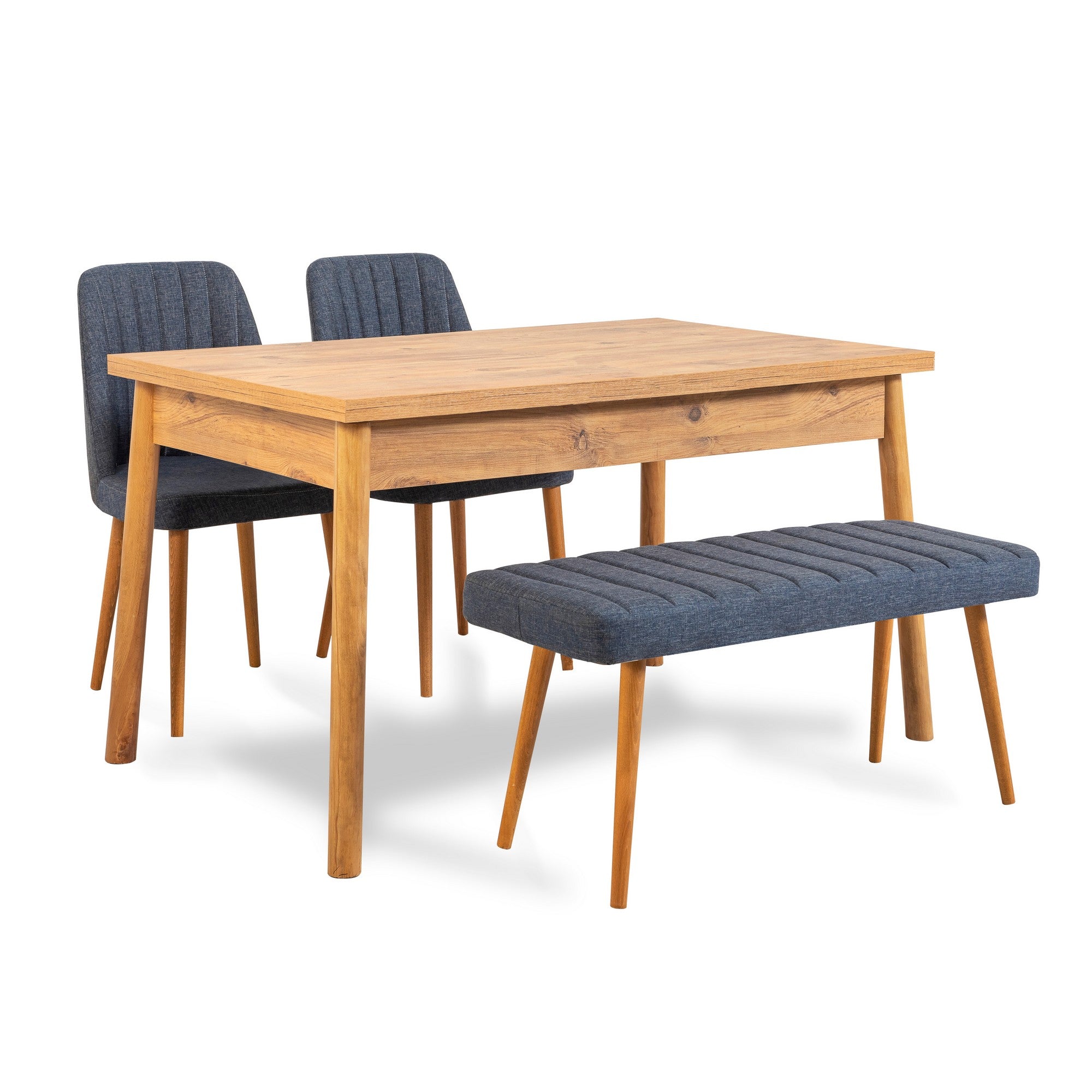 Conjunto moderno de mesa e cadeiras de 4 peças, pinho atlântico e azul-marinho | 100% revestido em melamina, 18 mm de espessura | Jantar elegante com pernas de madeira e espuma de linho