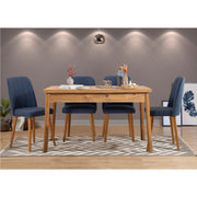 Conjunto moderno de mesa e cadeiras de 5 peças, pinho atlântico e azul-marinho | 100% revestido em melamina, 18 mm de espessura | Pernas de madeira elegantes e cadeiras de espuma de linho | Perfeito para jantar