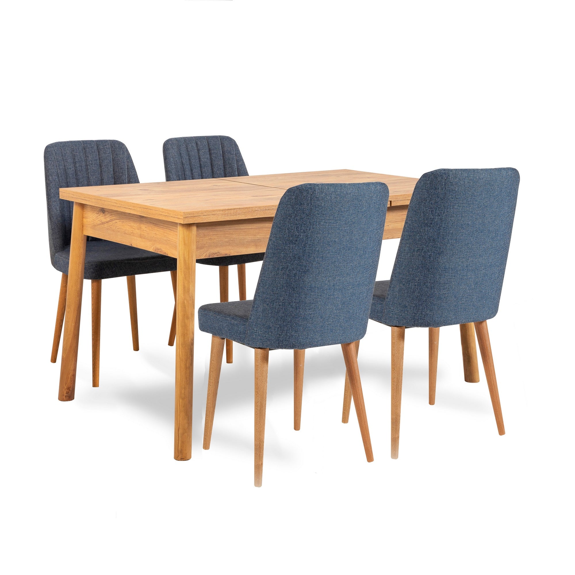 Conjunto moderno de mesa e cadeiras de 5 peças, pinho atlântico e azul-marinho | 100% revestido em melamina, 18 mm de espessura | Pernas de madeira elegantes e cadeiras de espuma de linho | Perfeito para jantar
