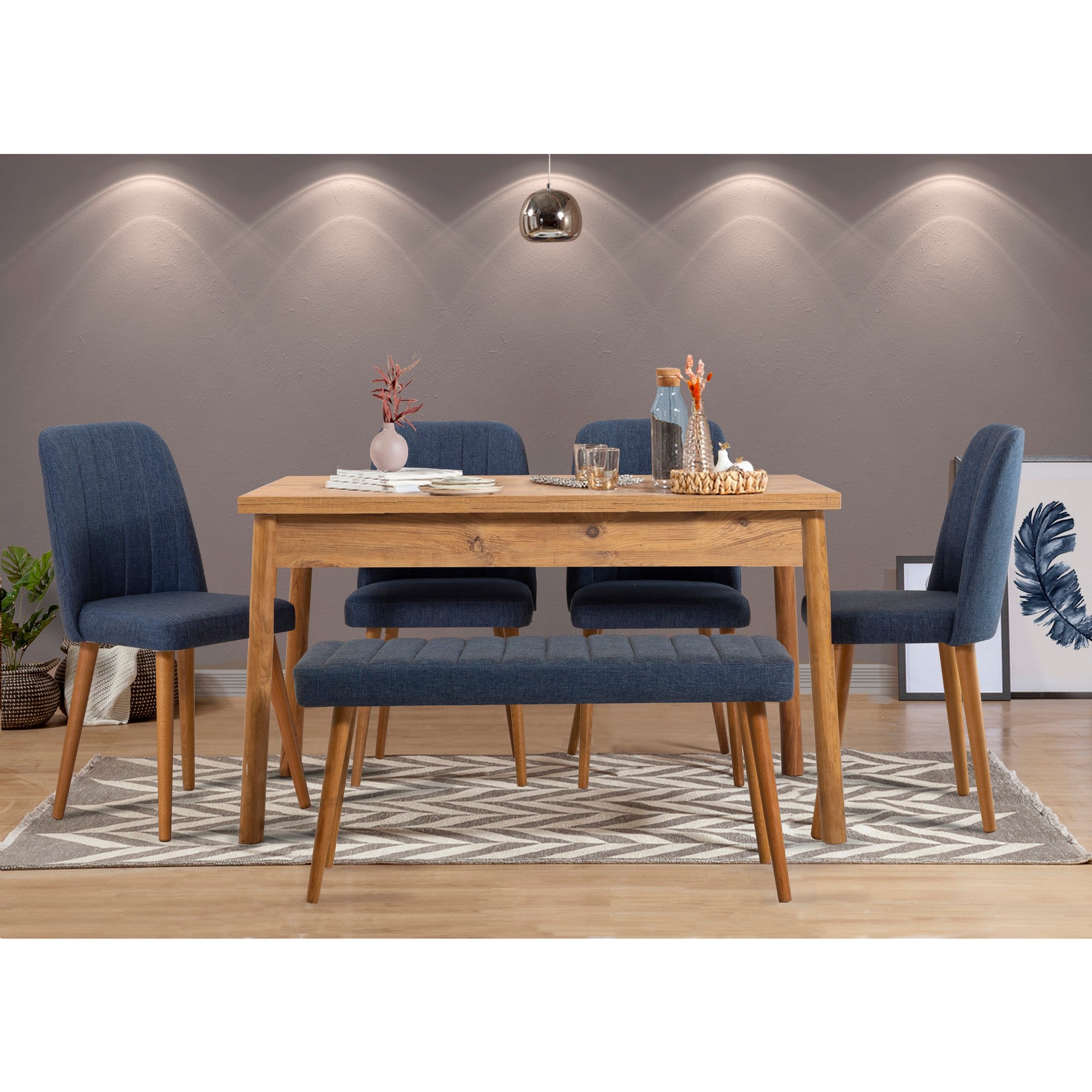 Conjunto moderno de mesa e cadeiras de 6 peças, pinho atlântico e azul-marinho | 100% revestido em melamina, 18 mm de espessura | Jantar elegante com pernas de madeira e espuma de linho