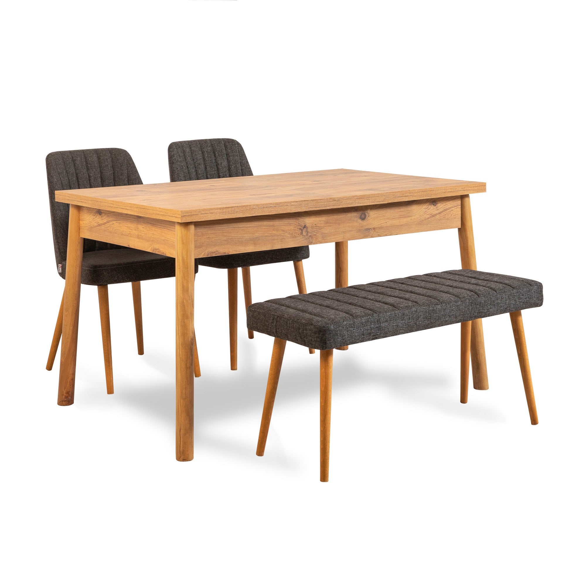 Conjunto moderno de mesa e cadeiras de 4 peças, pinho atlântico e antracite | 100% revestido em melamina, 18 mm de espessura | Jantar elegante com pernas de madeira e espuma de linho