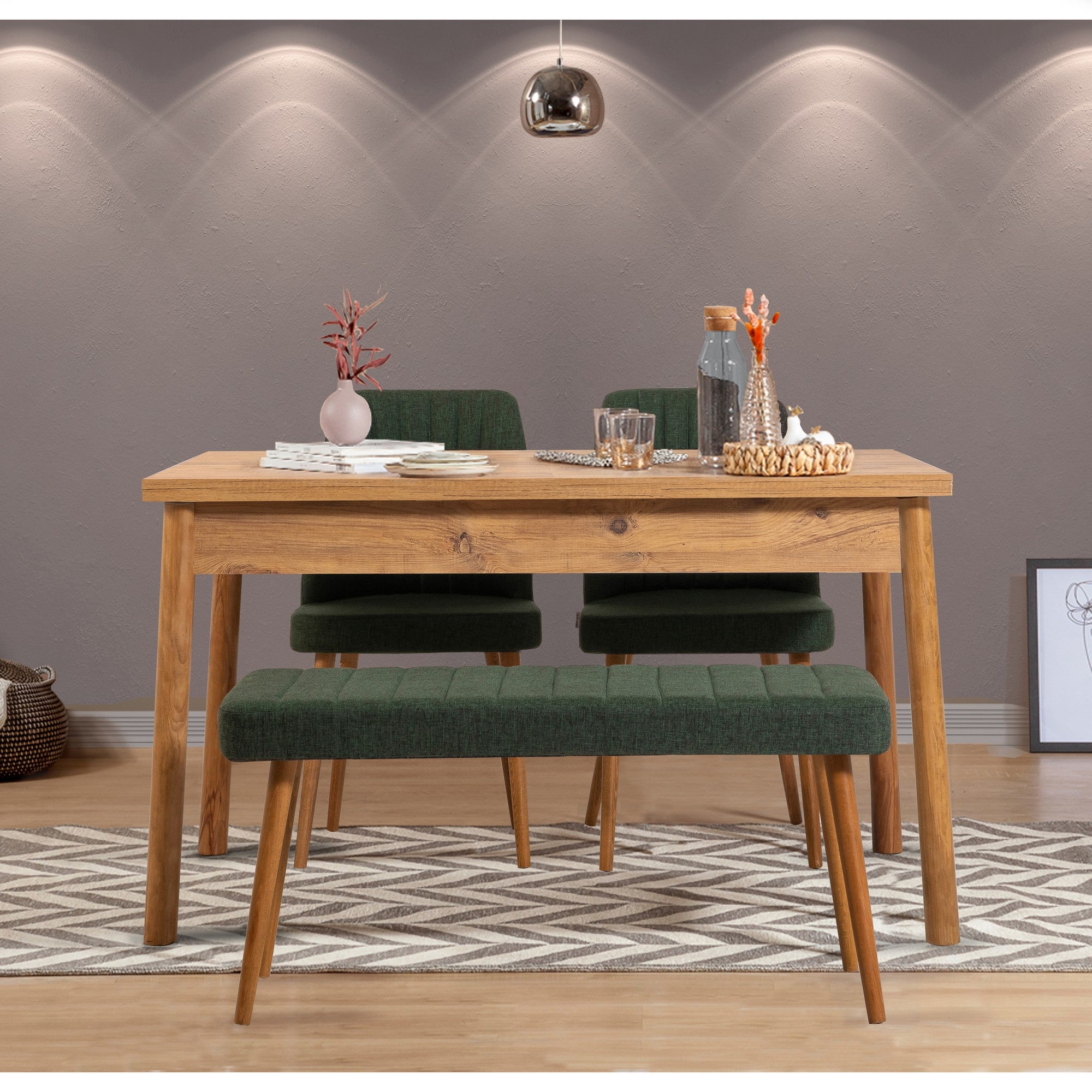 Conjunto moderno de mesa e cadeiras de 4 peças, pinho atlântico e verde | 100% revestido em melamina, 18 mm de espessura | Jantar elegante com pernas de madeira e espuma de linho