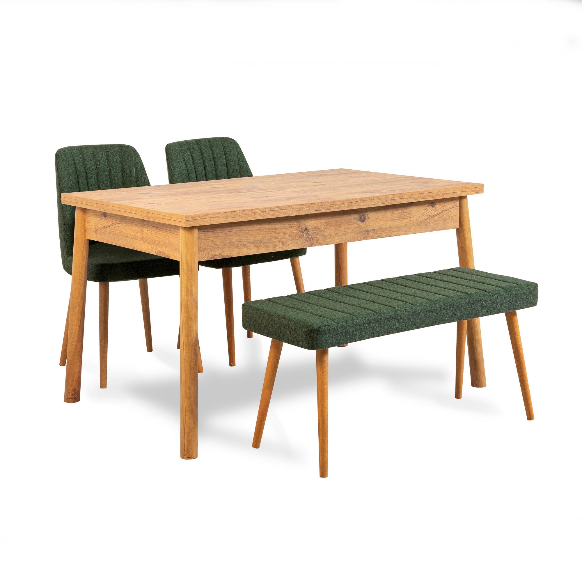 Conjunto moderno de mesa e cadeiras de 4 peças, pinho atlântico e verde | 100% revestido em melamina, 18 mm de espessura | Jantar elegante com pernas de madeira e espuma de linho