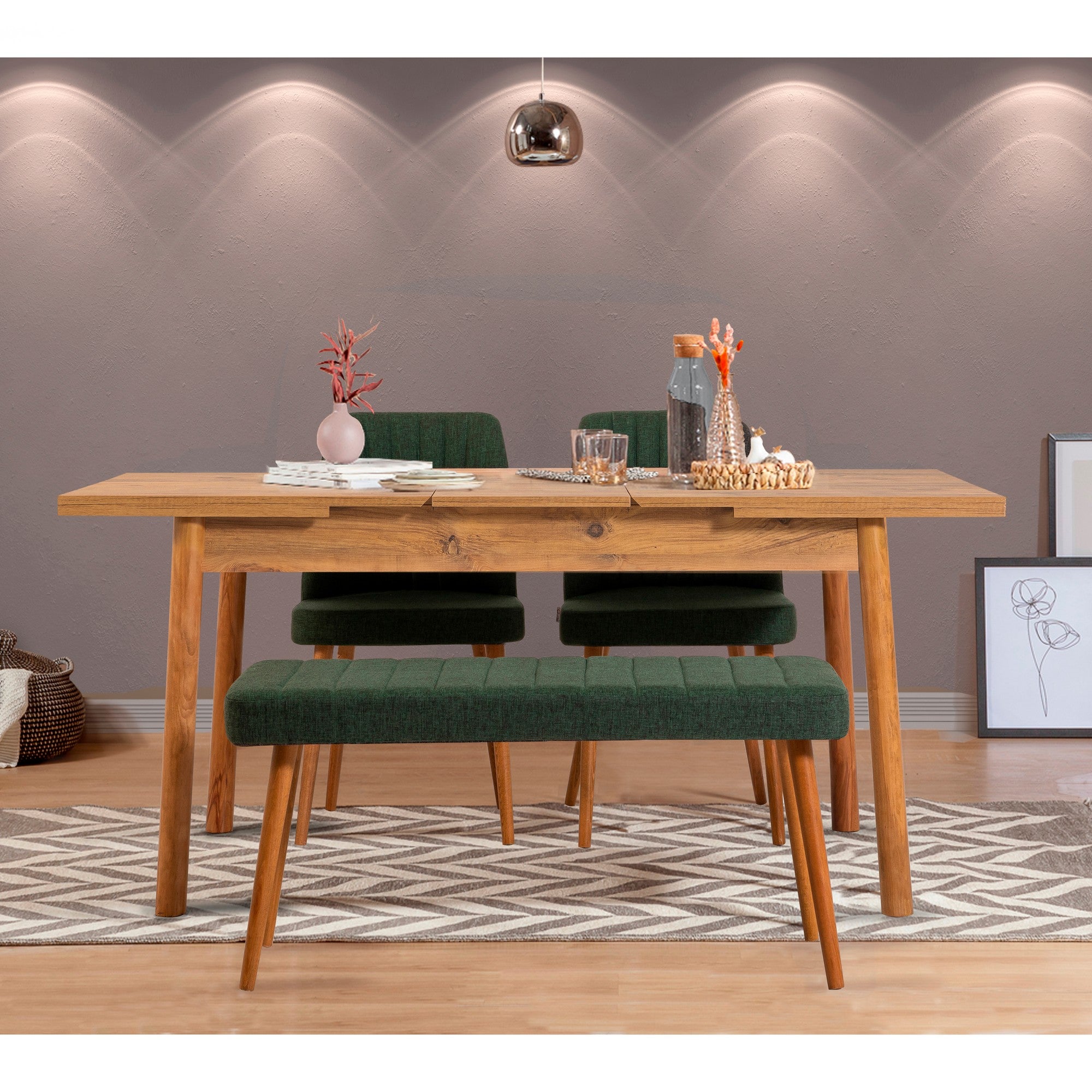 Conjunto de mesa de jantar extensível e cadeiras (4 peças), pinho atlântico e verde | 100% revestido em melamina, 18 mm de espessura | Design rústico moderno, perfeito para reuniões familiares