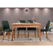 Conjunto moderno de mesa e cadeiras de 5 peças, pinho atlântico e verde, mesa de jantar de 120 cm | 100% melamina, pernas de madeira, cadeiras de espuma de linho | Design escandinavo rústico
