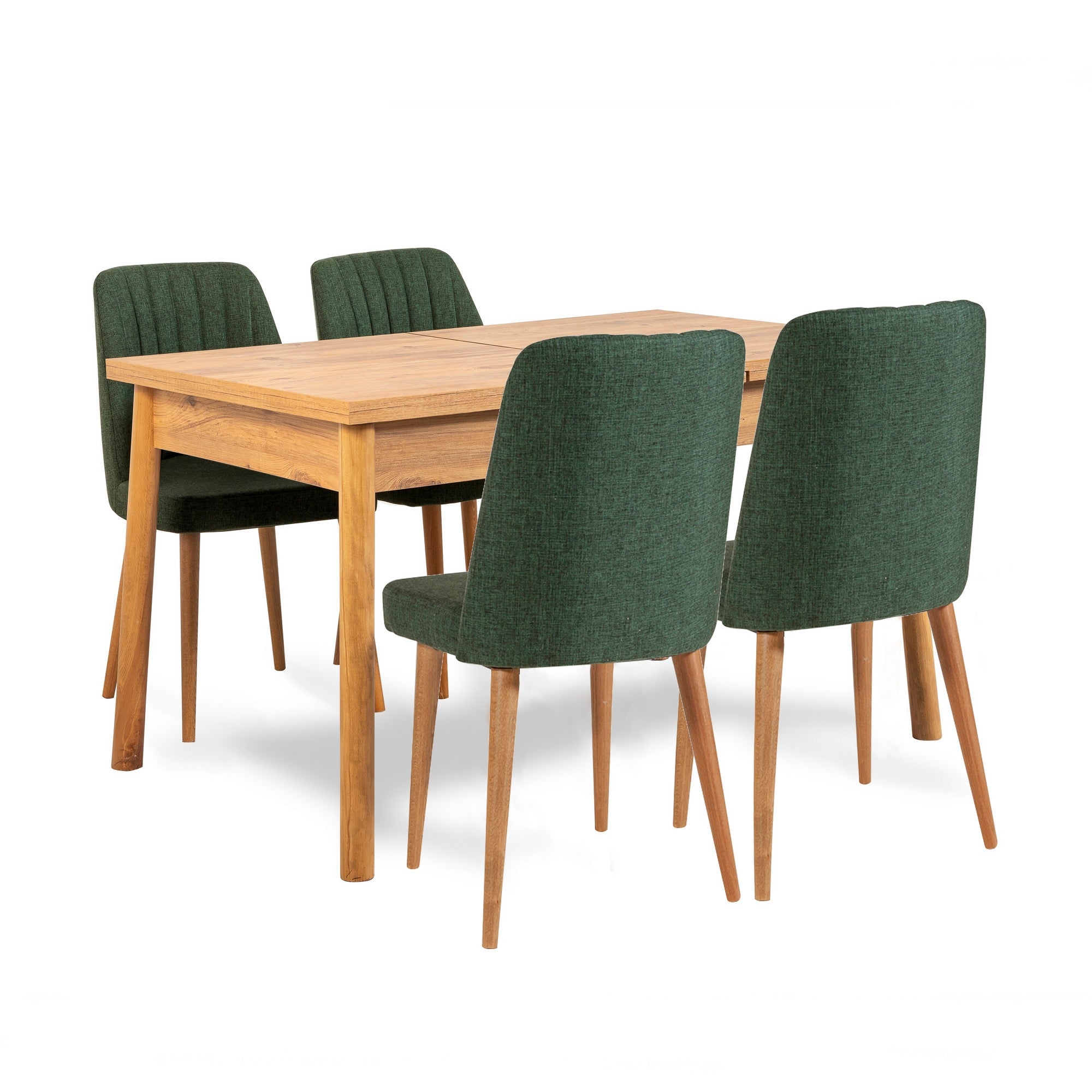 Conjunto moderno de mesa e cadeiras de 5 peças, pinho atlântico e verde, mesa de jantar de 120 cm | 100% melamina, pernas de madeira, cadeiras de espuma de linho | Design escandinavo rústico