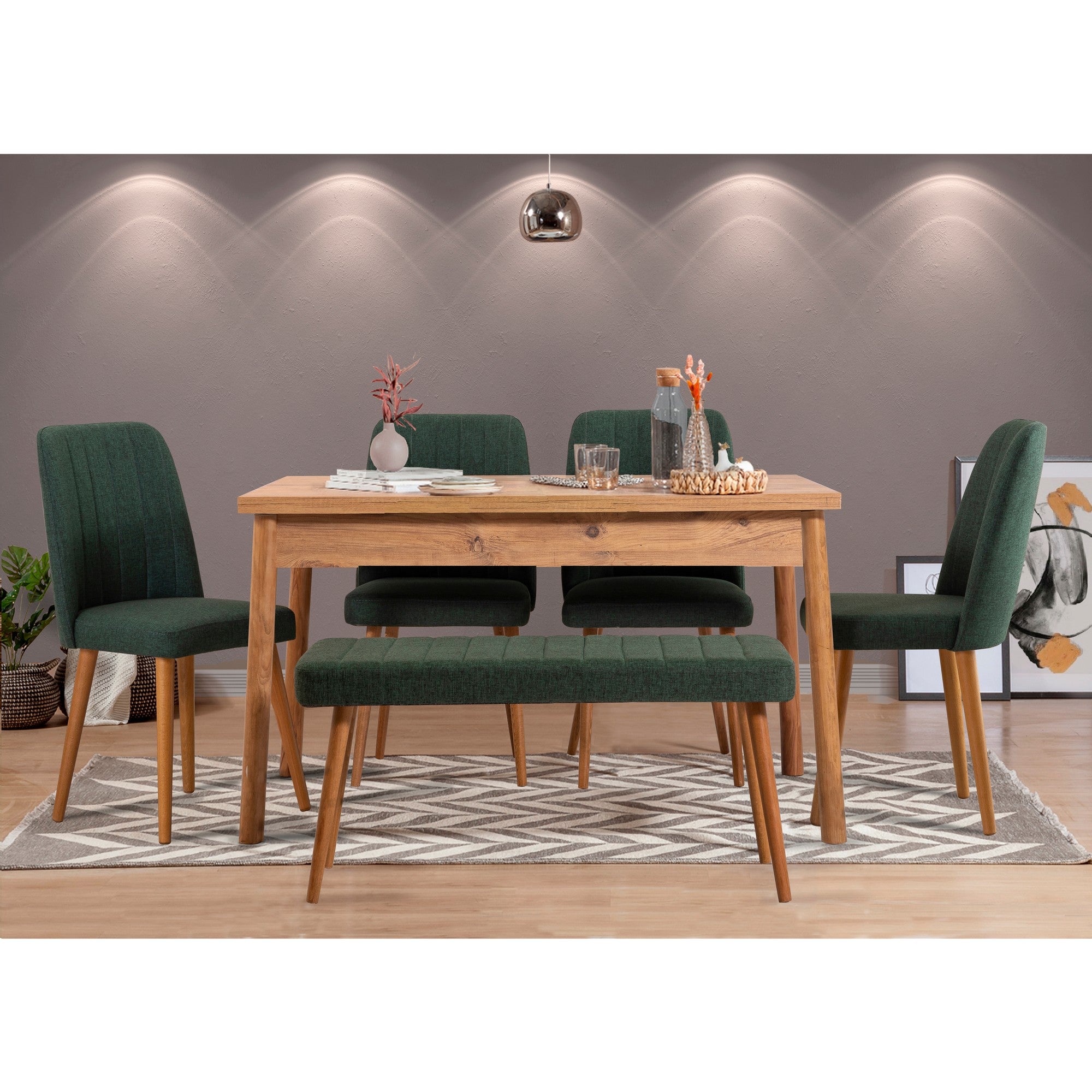 Conjunto moderno de mesa e cadeiras de 6 peças, pinho atlântico e verde | 100% revestido em melamina, 18 mm de espessura | Jantar elegante com pernas de madeira e assentos de espuma de linho
