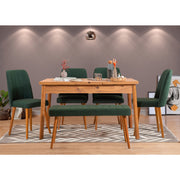 Conjunto de mesa de jantar extensível e cadeiras (6 peças) – 120 cm a 153 cm – verde e pinho atlântico – melamina