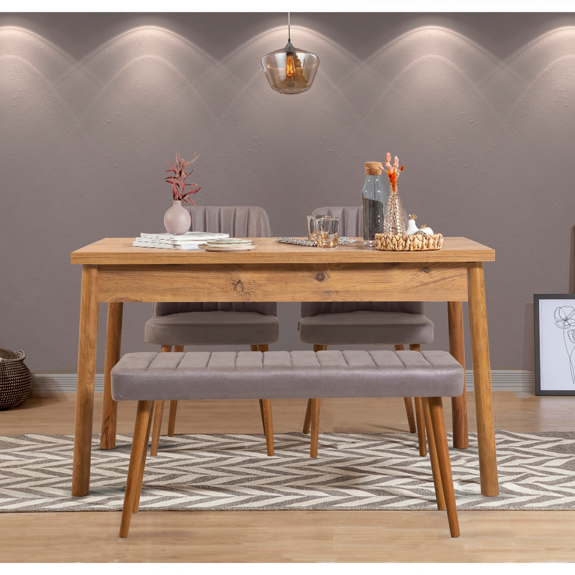 Conjunto moderno de mesa e cadeiras de 4 peças, pinho atlântico e cinza | Cadeiras 100% revestidas em melamina e espuma de veludo | Solução de jantar elegante para casas rústicas e escandinavas