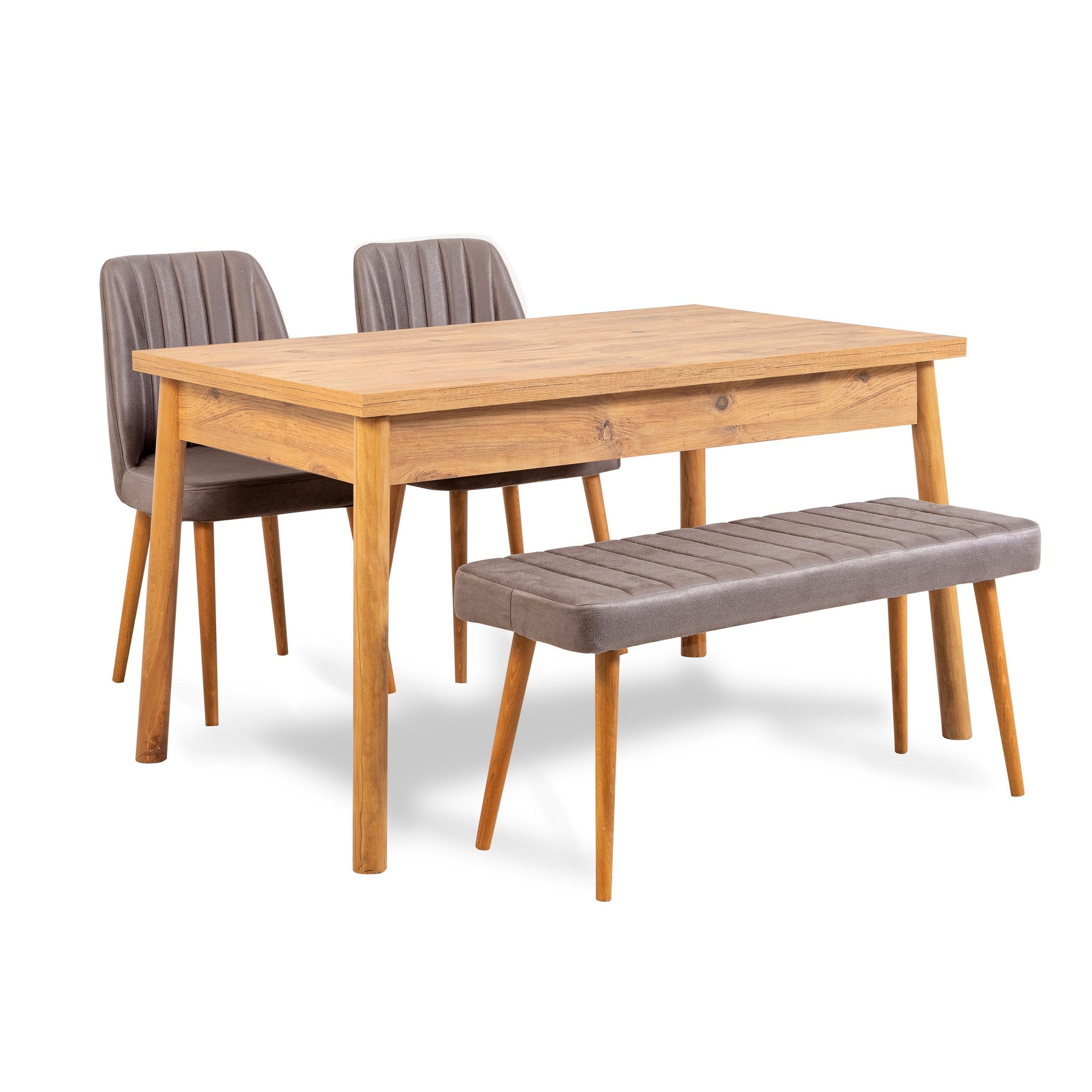 Conjunto moderno de mesa e cadeiras de 4 peças, pinho atlântico e cinza | Cadeiras 100% revestidas em melamina e espuma de veludo | Solução de jantar elegante para casas rústicas e escandinavas