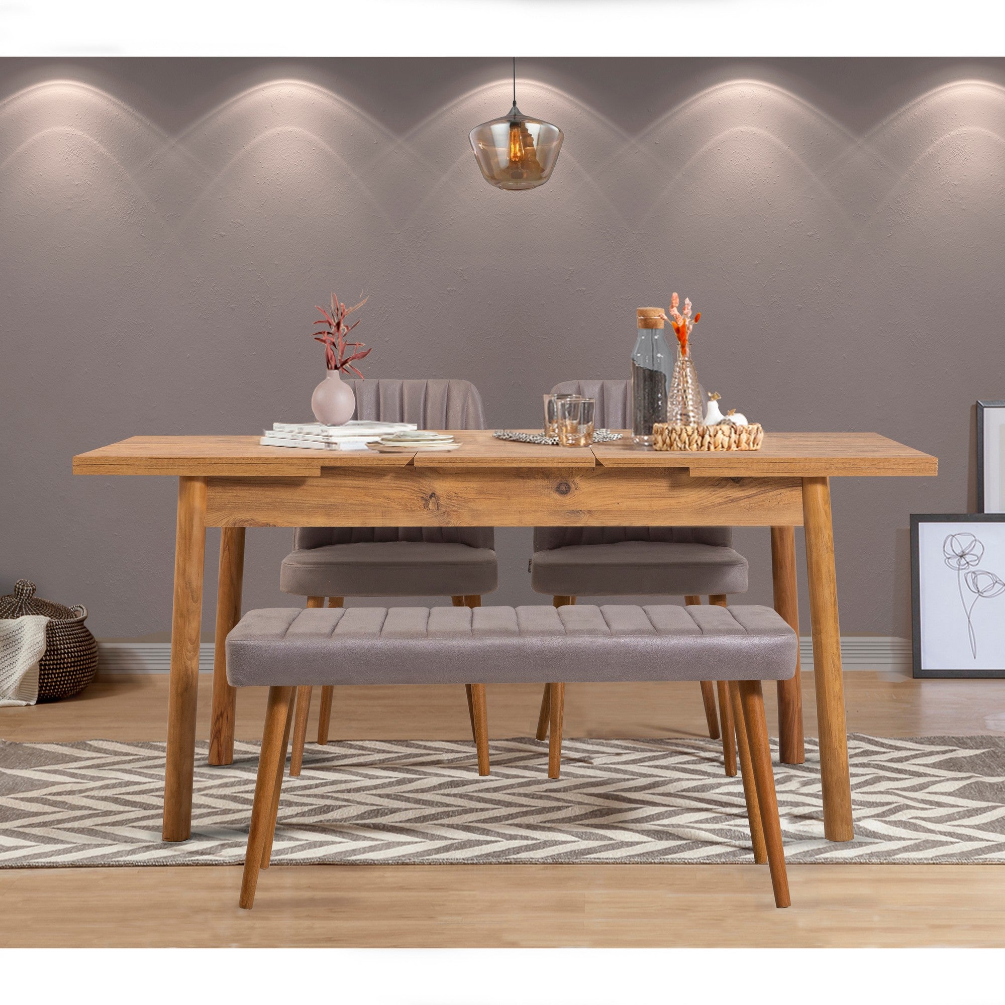 Conjunto de mesa de jantar extensível e cadeiras (4 peças) – 120 cm x 77 cm x 75 cm – pinho atlântico e cinza – painel de partículas revestido a melamina