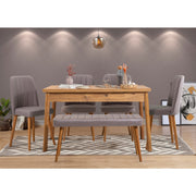 Conjunto moderno de mesa e cadeiras de 6 peças, pinho atlântico e cinza | Cadeiras 100% revestidas em melamina e espuma de veludo | Solução de jantar elegante para casas rústicas e escandinavas