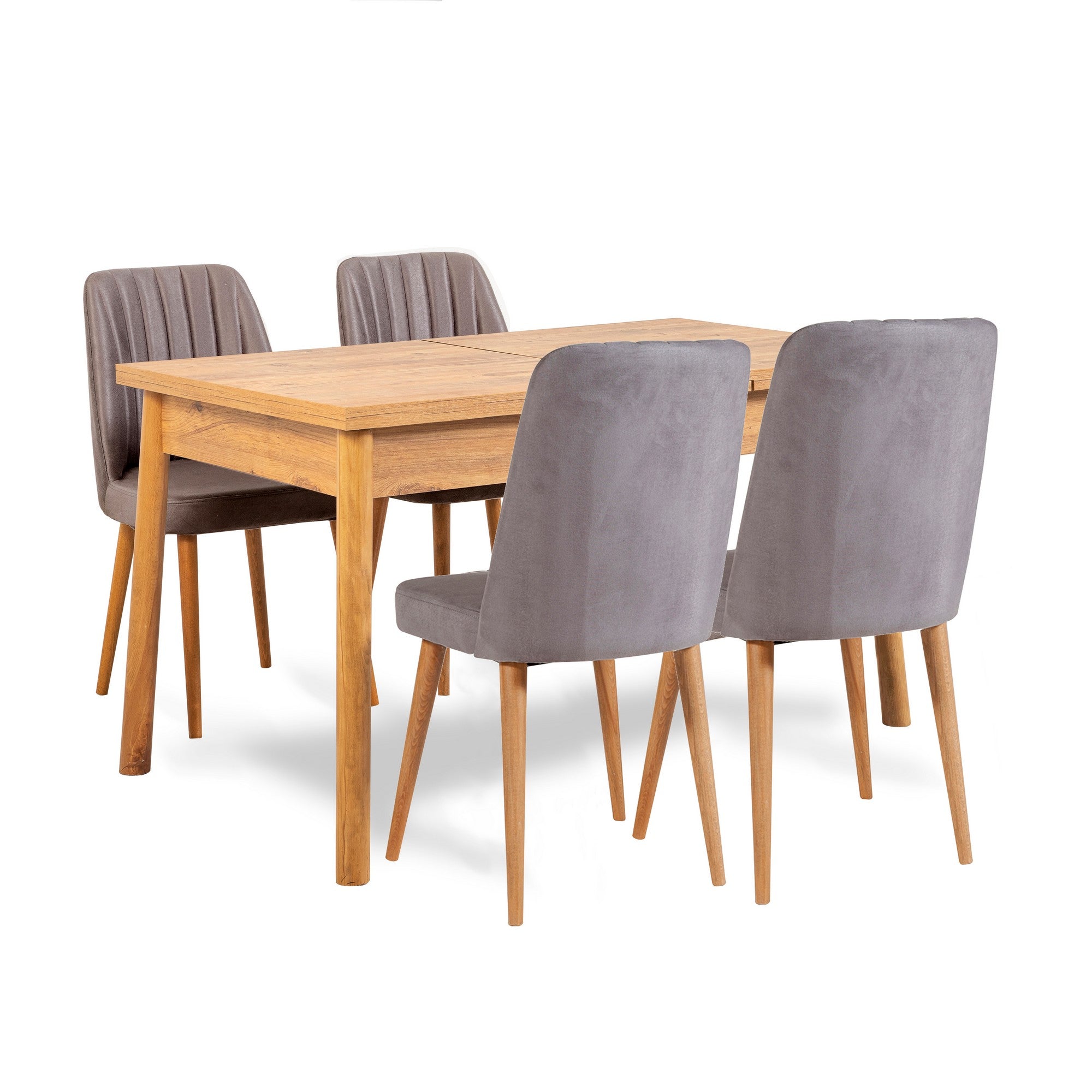 Conjunto moderno de mesa e cadeiras de 6 peças, pinho atlântico e cinza | Cadeiras 100% revestidas em melamina e espuma de veludo | Solução de jantar elegante para casas rústicas e escandinavas