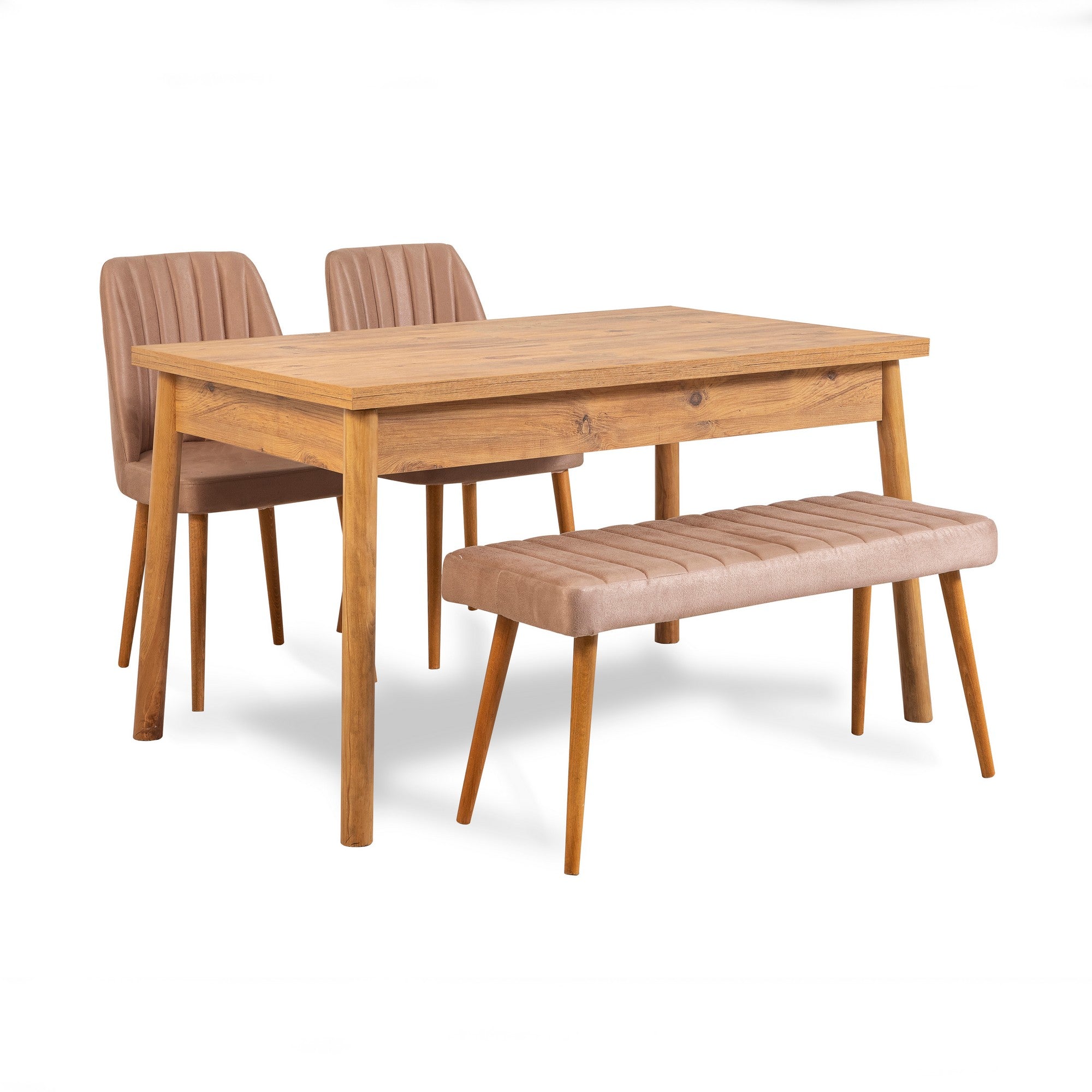 Conjunto de mesa e cadeiras escandinavas rústicas (4 peças), pinho do Atlântico e pedra | Assentos 100% revestidos em melamina e espuma de veludo | Perfeito para jantares e reuniões