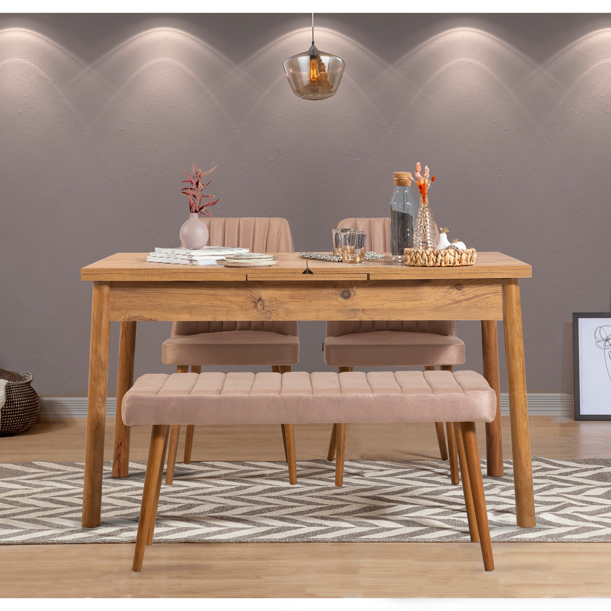 Conjunto de mesa de jantar extensível e cadeiras (4 peças), pinho atlântico e pedra, 120-153 cm | Cadeiras de espuma de veludo 100% revestidas em melamina | Design escandinavo rústico
