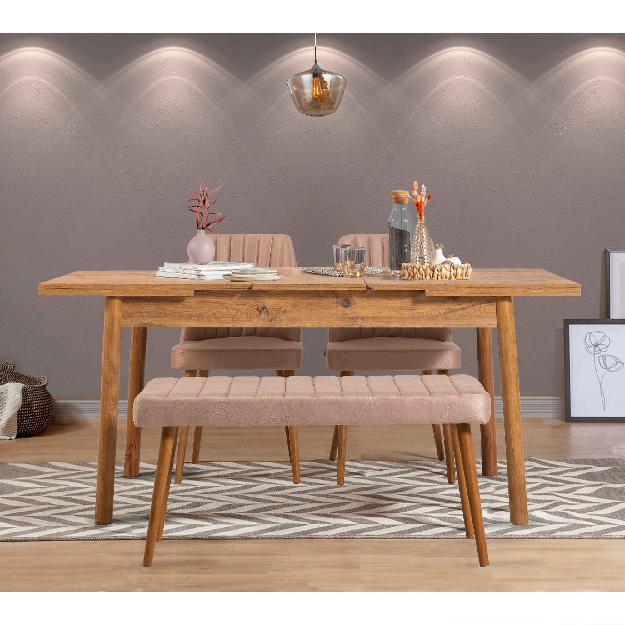 Conjunto de mesa de jantar extensível e cadeiras (4 peças), pinho atlântico e pedra, 120-153 cm | Cadeiras de espuma de veludo 100% revestidas em melamina | Design escandinavo rústico