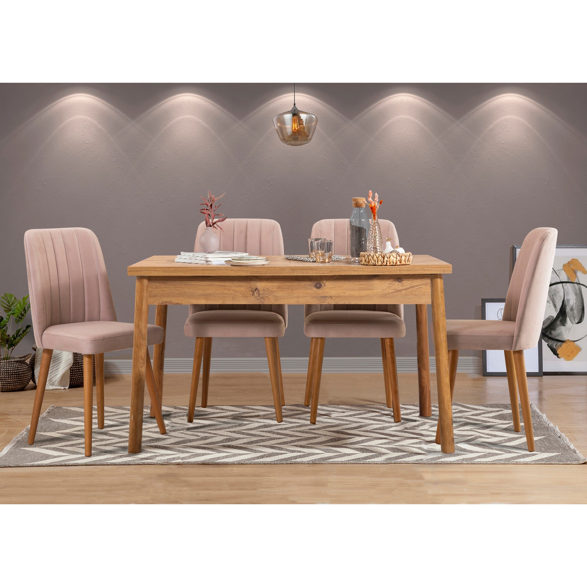 Conjunto rústico de mesa e cadeiras de 5 peças, pinho atlântico e pedra | 100% revestido em melamina, 18 mm de espessura | Cadeiras de espuma de veludo, perfeitas para jantares escandinavos