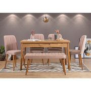 Conjunto rústico de mesa e cadeiras de 6 peças, pinho atlântico e pedra | Cadeiras 100% revestidas em melamina e espuma de veludo | Perfeito para salas de jantar escandinavas