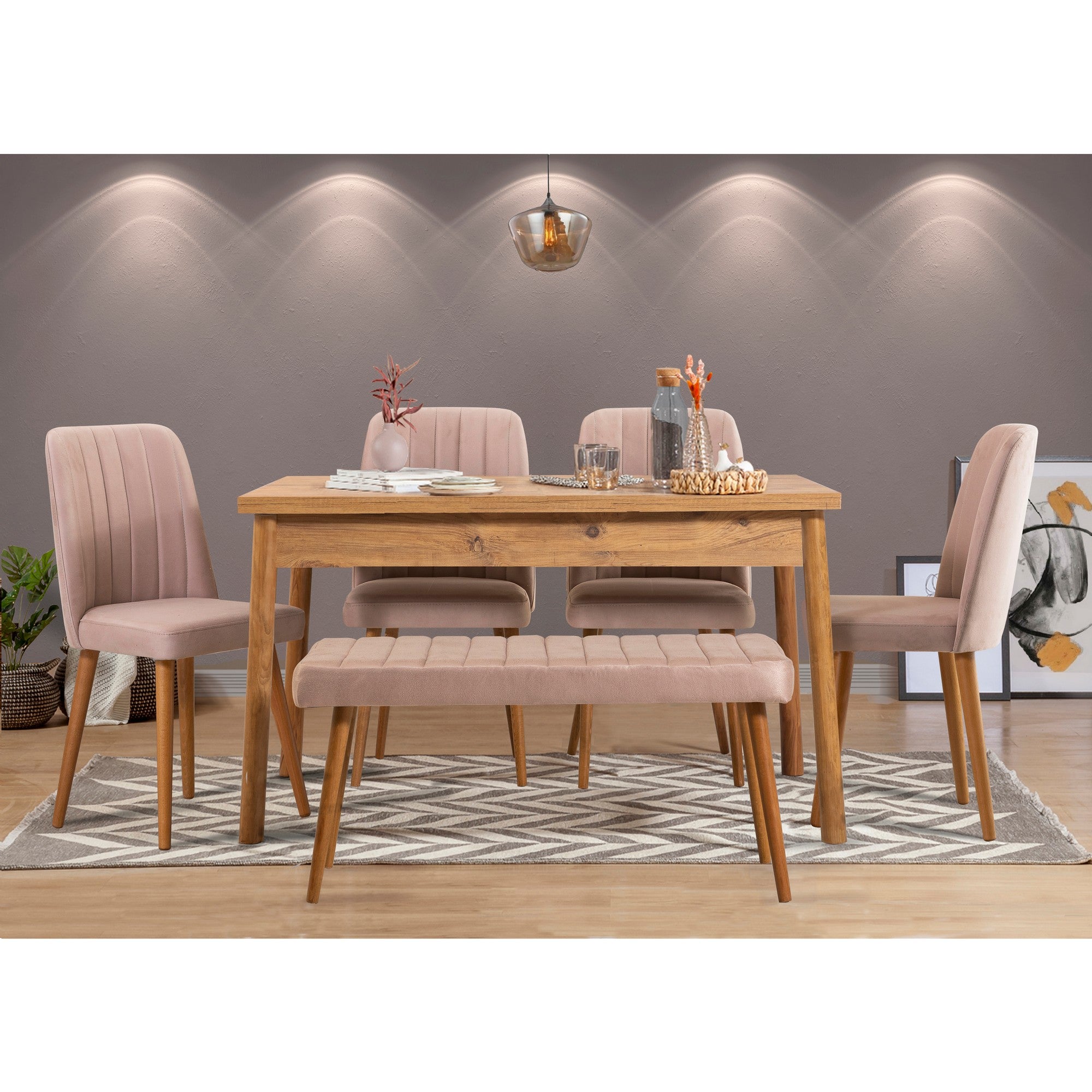 Conjunto rústico de mesa e cadeiras de 6 peças, pinho atlântico e pedra | Cadeiras 100% revestidas em melamina e espuma de veludo | Perfeito para salas de jantar escandinavas