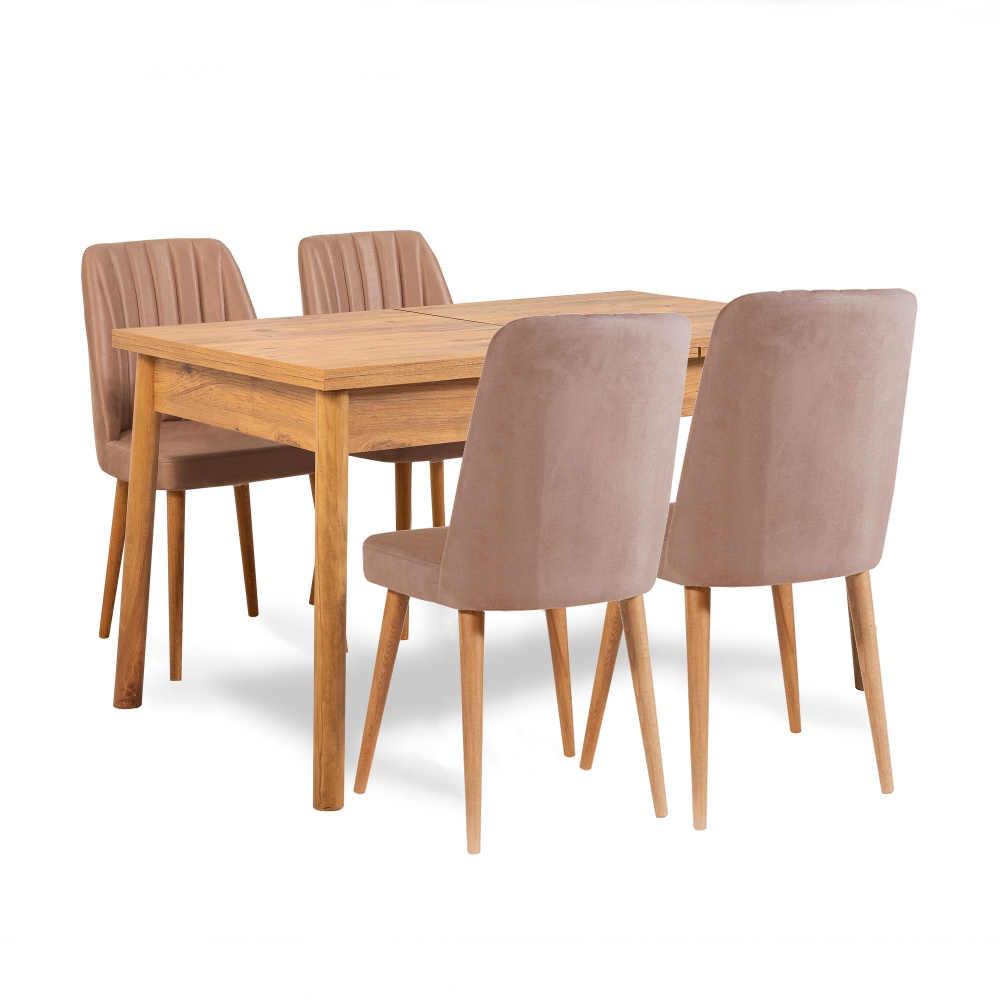 Conjunto rústico de mesa e cadeiras de 6 peças, pinho atlântico e pedra | Cadeiras 100% revestidas em melamina e espuma de veludo | Perfeito para salas de jantar escandinavas
