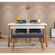 Conjunto de mesa e cadeiras escandinavo (4 peças) - Pinho Atlântico e azul-marinho | 100% revestido em melamina, 18 mm de espessura | Solução de jantar elegante com pernas de madeira e assentos de espuma de linho