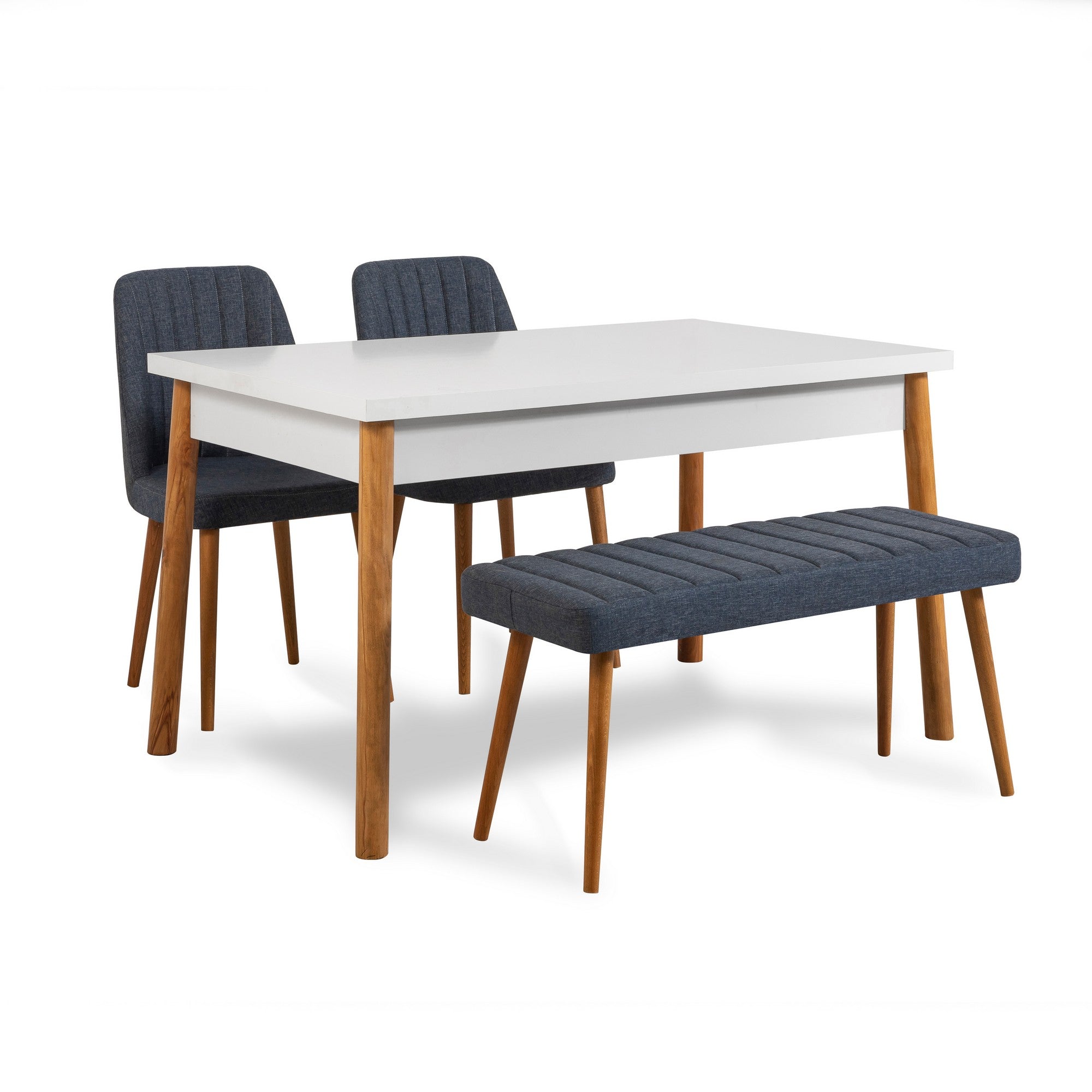 Conjunto de mesa e cadeiras escandinavo (4 peças) - Pinho Atlântico e azul-marinho | 100% revestido em melamina, 18 mm de espessura | Solução de jantar elegante com pernas de madeira e assentos de espuma de linho