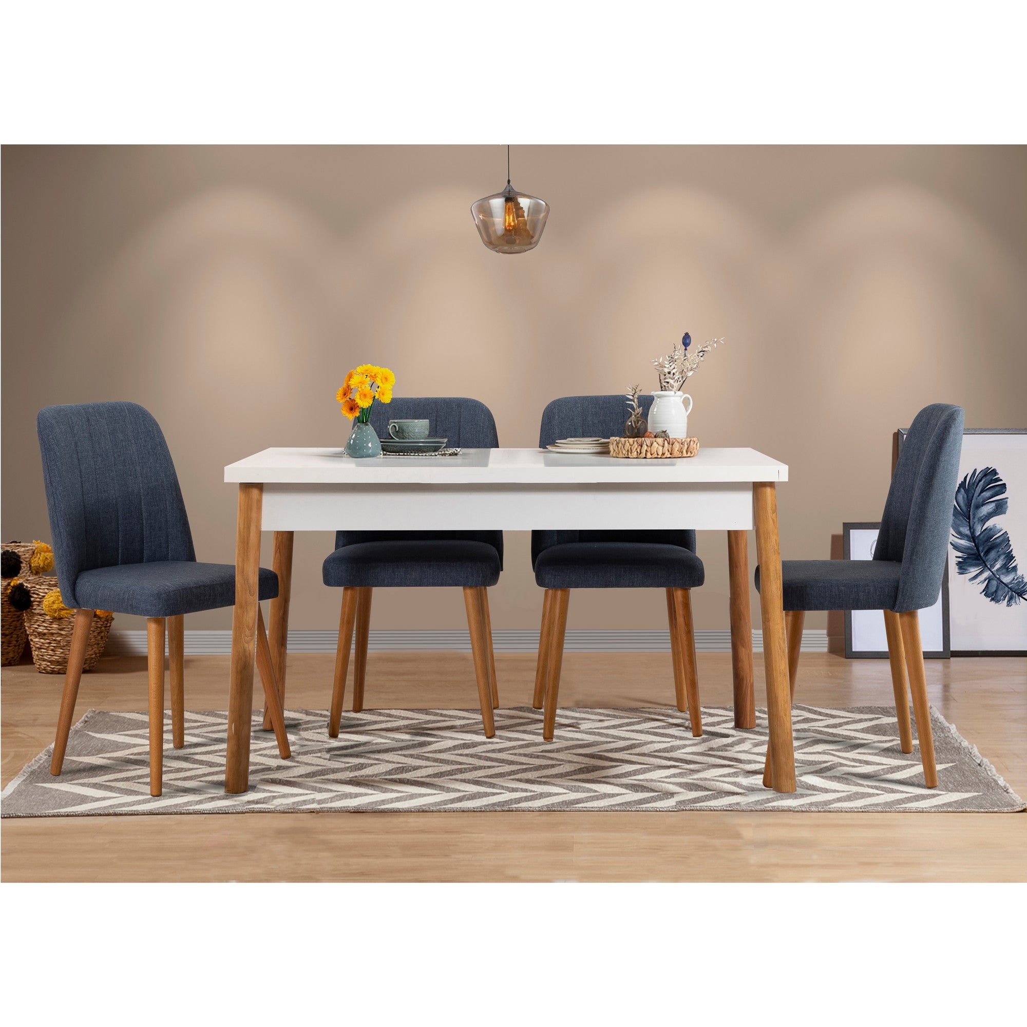 Conjunto de Mesa e Cadeiras Escandinavo (5 Peças), Pinho Atlântico e Azul Marinho | 100% Melamina, 18mm de Espessura | Solução de Jantar Elegante para Casas Modernas