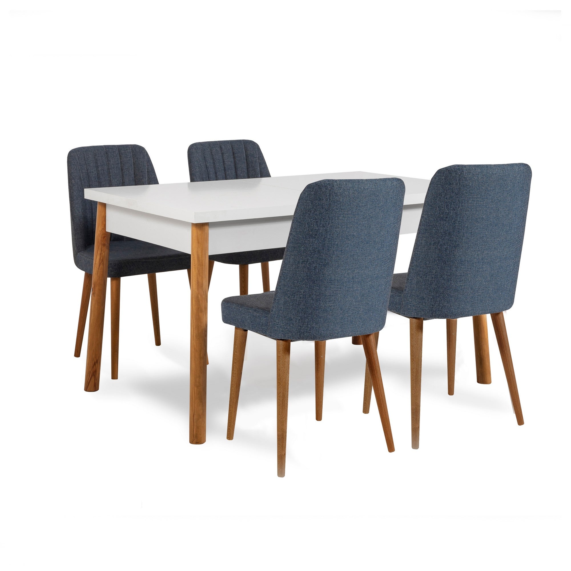 Conjunto de Mesa e Cadeiras Escandinavo (5 Peças), Pinho Atlântico e Azul Marinho | 100% Melamina, 18mm de Espessura | Solução de Jantar Elegante para Casas Modernas