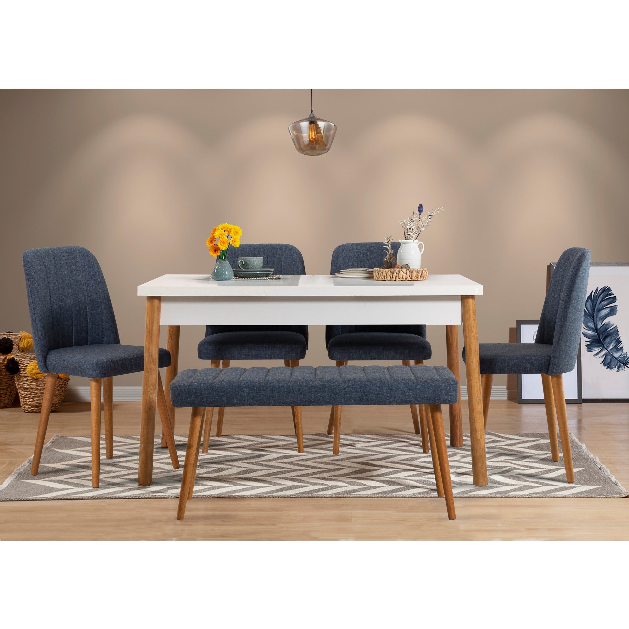 Conjunto de mesa e cadeiras escandinavas (6 peças) - Pinho Atlântico e Azul Marinho | 100% revestido em melamina, 18 mm de espessura | Mesa de jantar elegante e cadeiras e banco confortáveis