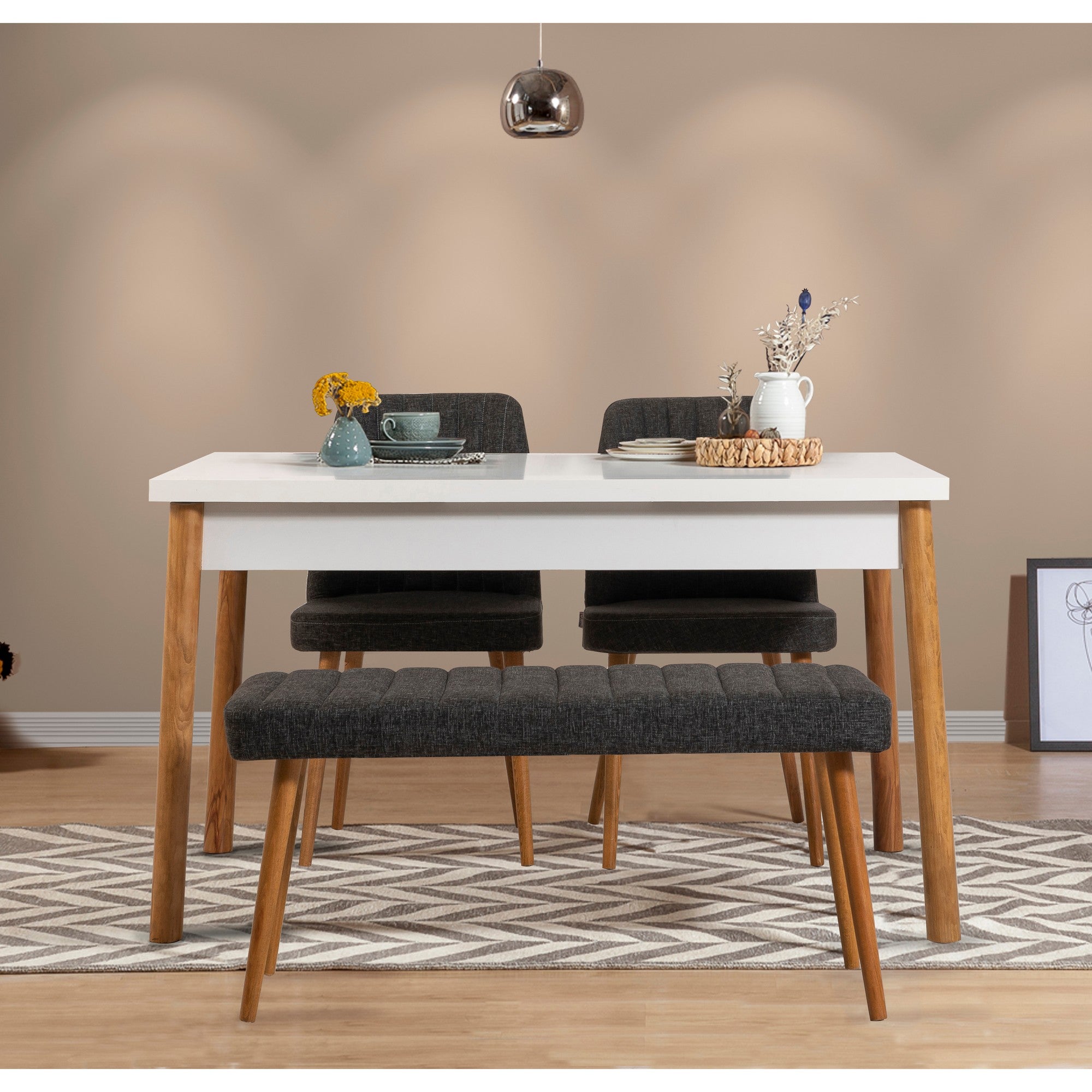 Conjunto de mesa e cadeiras escandinavas (4 peças) - pinho atlântico e branco, mesa de jantar de 120 cm, cadeiras e banco de espuma 100% linho, design elegante e durável