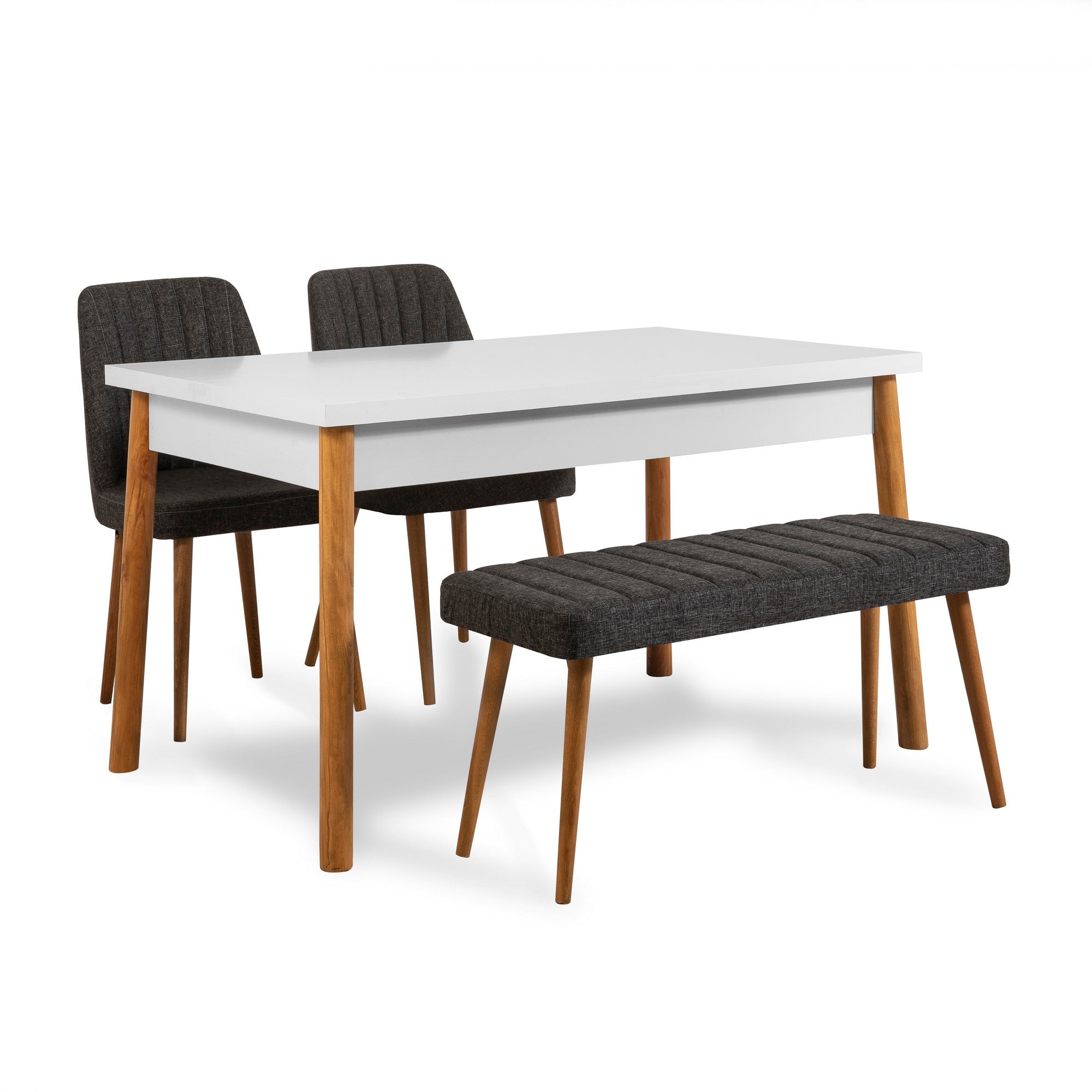 Conjunto de mesa e cadeiras escandinavas (4 peças) - pinho atlântico e branco, mesa de jantar de 120 cm, cadeiras e banco de espuma 100% linho, design elegante e durável