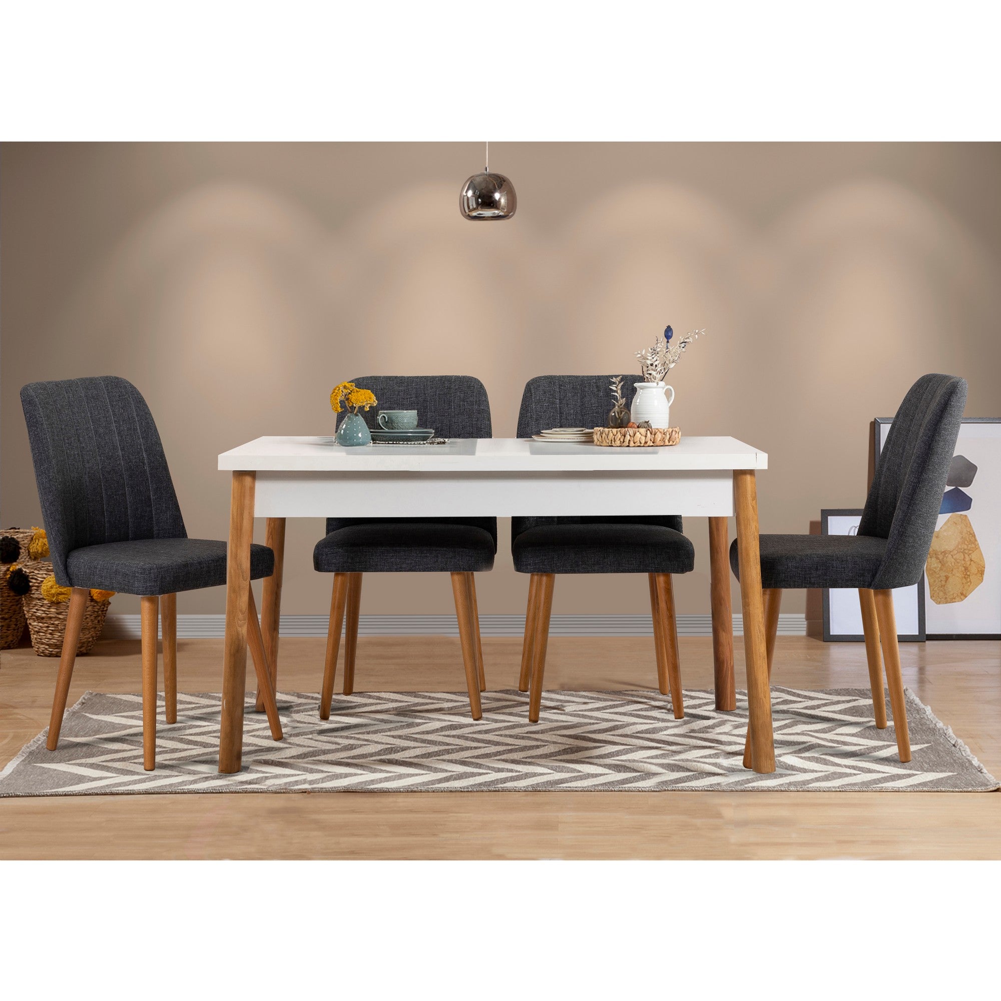 Conjunto de mesa e cadeiras escandinavo (5 peças), pinho atlântico e branco/antracite | 100% revestido em melamina, 18 mm de espessura | Solução de jantar elegante para casas modernas