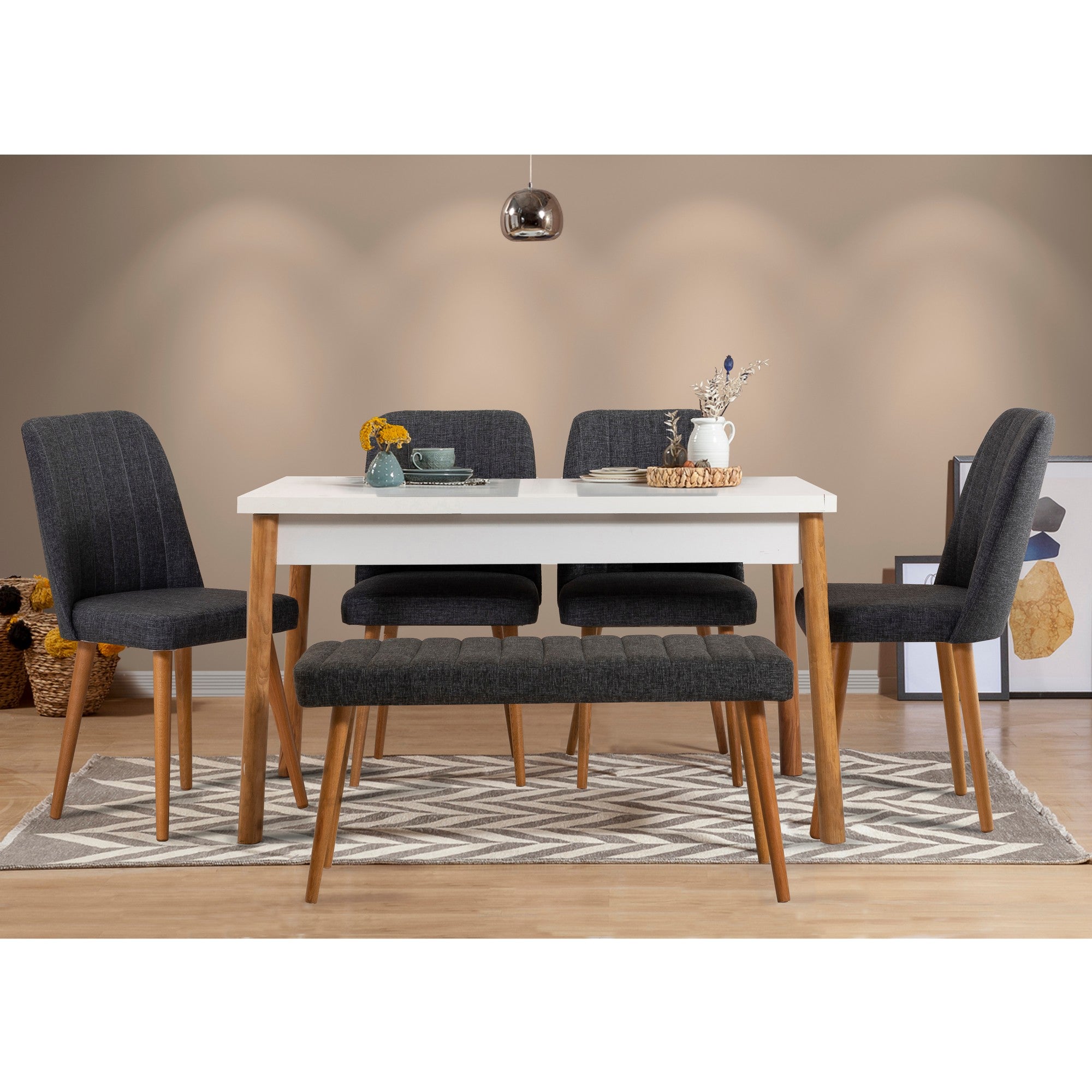 Conjunto de mesa e cadeiras de jantar escandinavo (6 peças) | 100% revestido em melamina, pernas de madeira, pinho atlântico e branco | Elegante e funcional para casas modernas