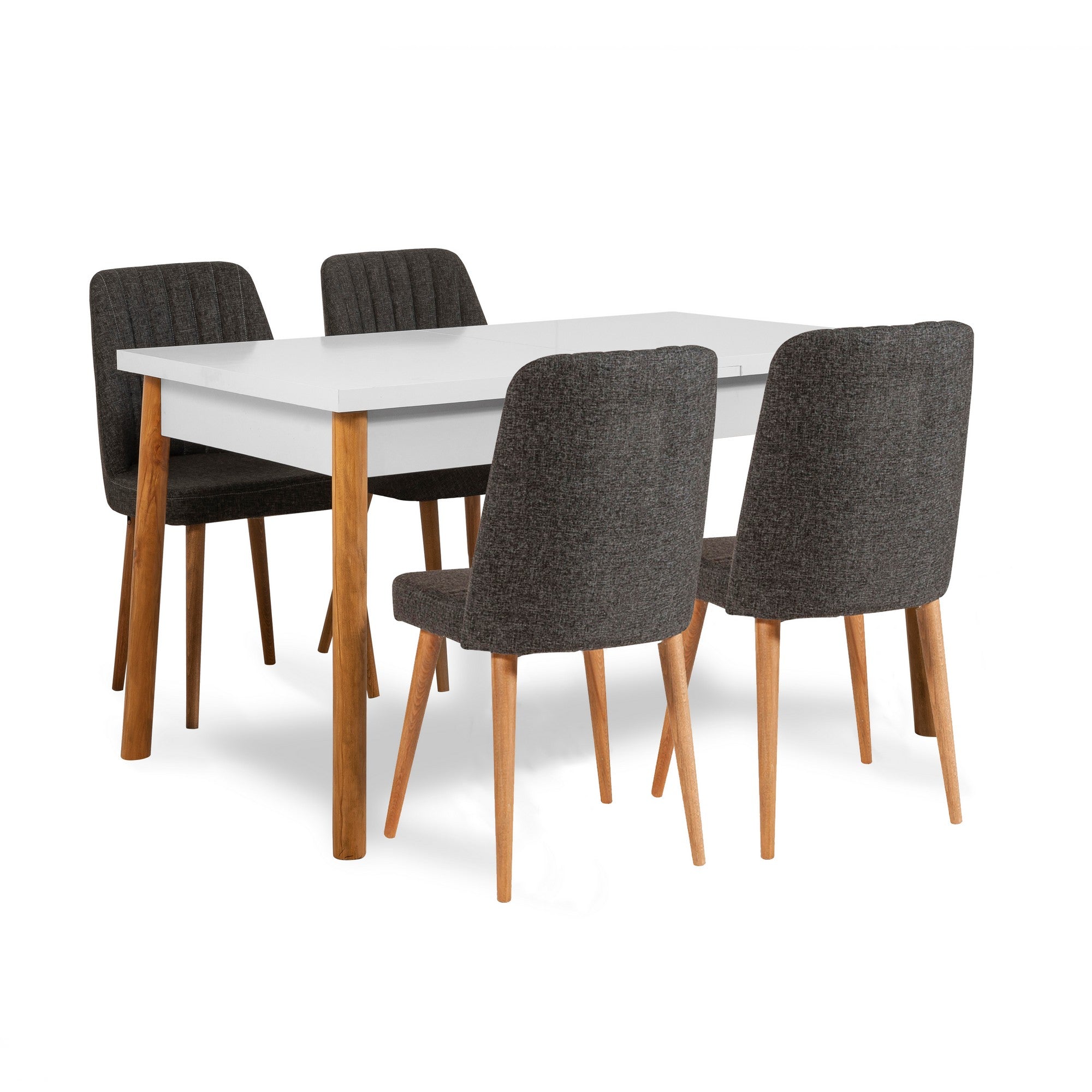 Conjunto de mesa e cadeiras de jantar escandinavo (6 peças) | 100% revestido em melamina, pernas de madeira, pinho atlântico e branco | Elegante e funcional para casas modernas