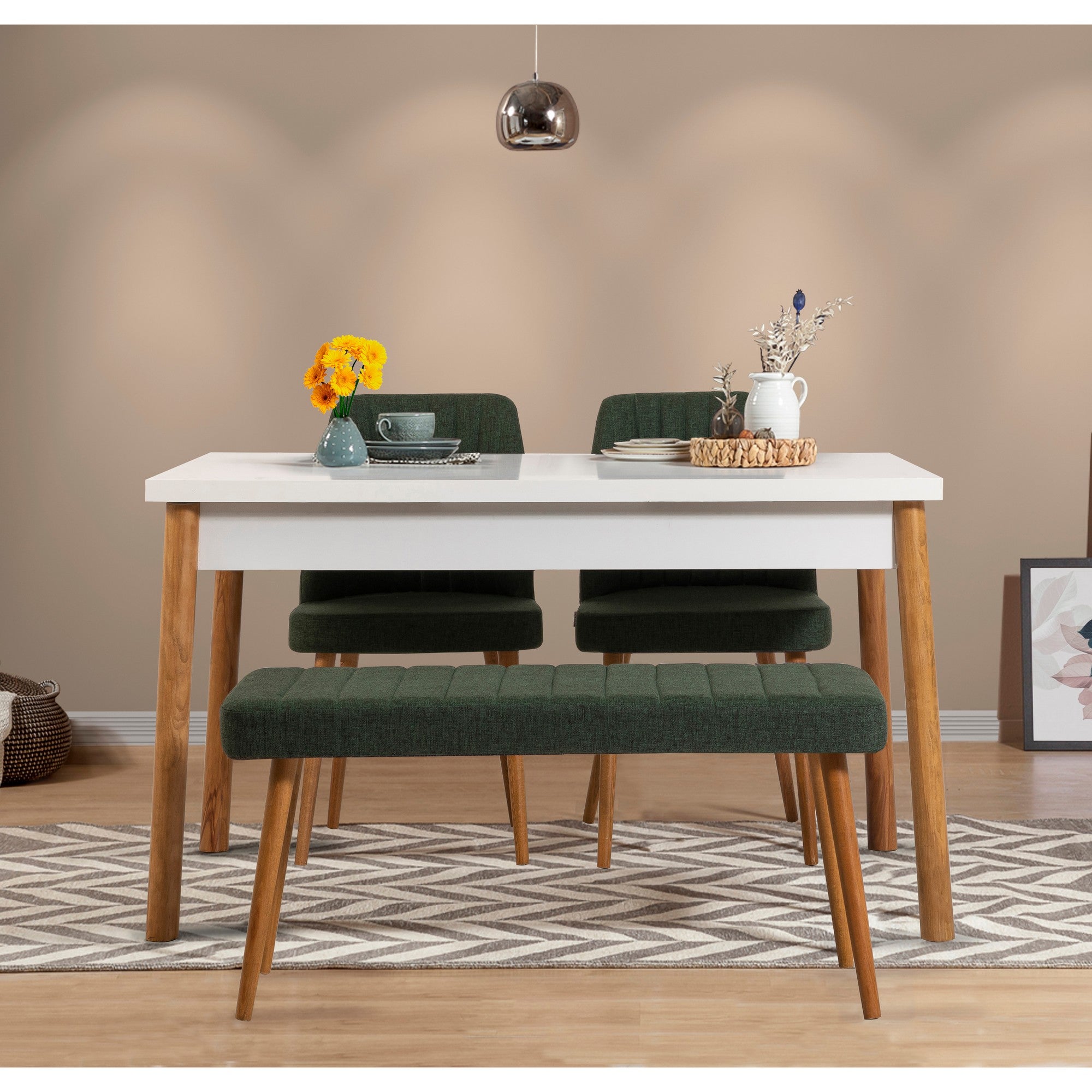 Conjunto de Mesa e Cadeiras Escandinavo (4 Peças) - Pinho Atlântico e Branco/Verde | 100% Melamina, 18mm de Espessura | Solução de Jantar Elegante para Casas Modernas