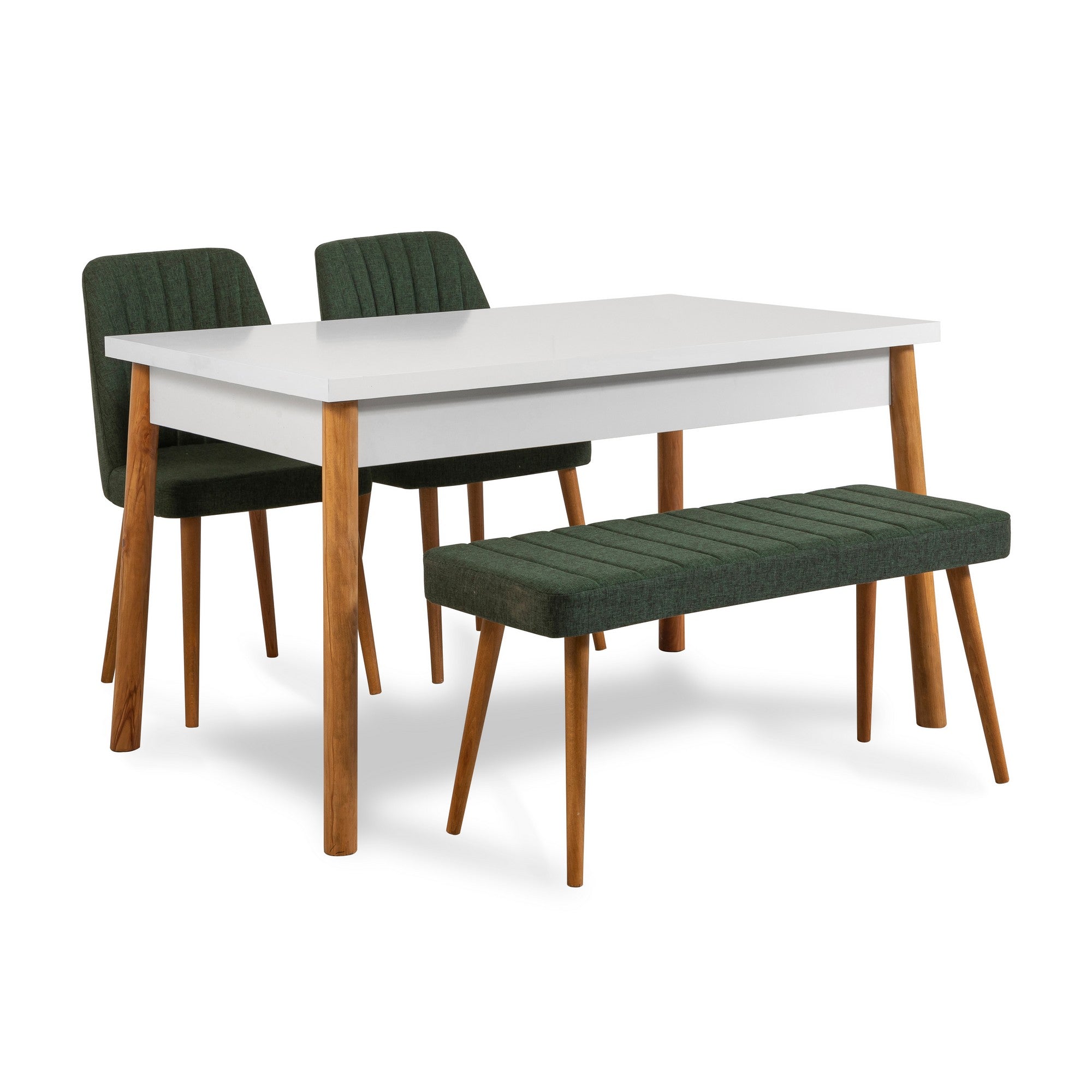 Conjunto de Mesa e Cadeiras Escandinavo (4 Peças) - Pinho Atlântico e Branco/Verde | 100% Melamina, 18mm de Espessura | Solução de Jantar Elegante para Casas Modernas