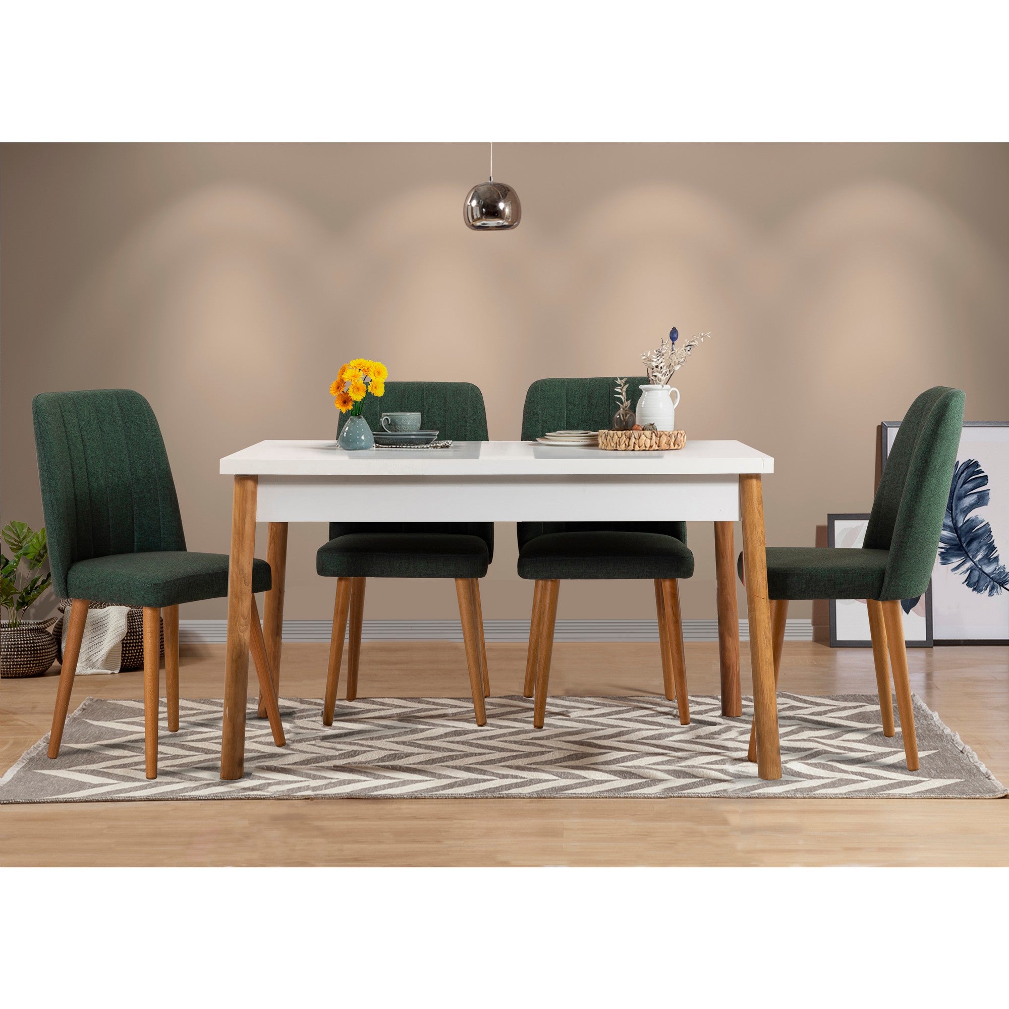 Conjunto de mesa e cadeiras escandinavo (5 peças), pinho do Atlântico e branco/verde, 120 x 75 x 77 cm | 100% revestido em melamina, pernas de madeira, cadeiras de espuma de linho | Solução de jantar elegante e funcional