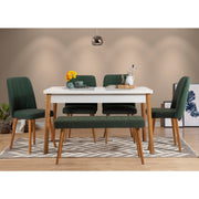 Conjunto de mesa e cadeiras escandinavo (6 peças) - Pinho Atlântico e branco/verde | 100% revestido em melamina, 18 mm de espessura | Solução de jantar elegante com pernas de madeira e assentos de espuma de linho