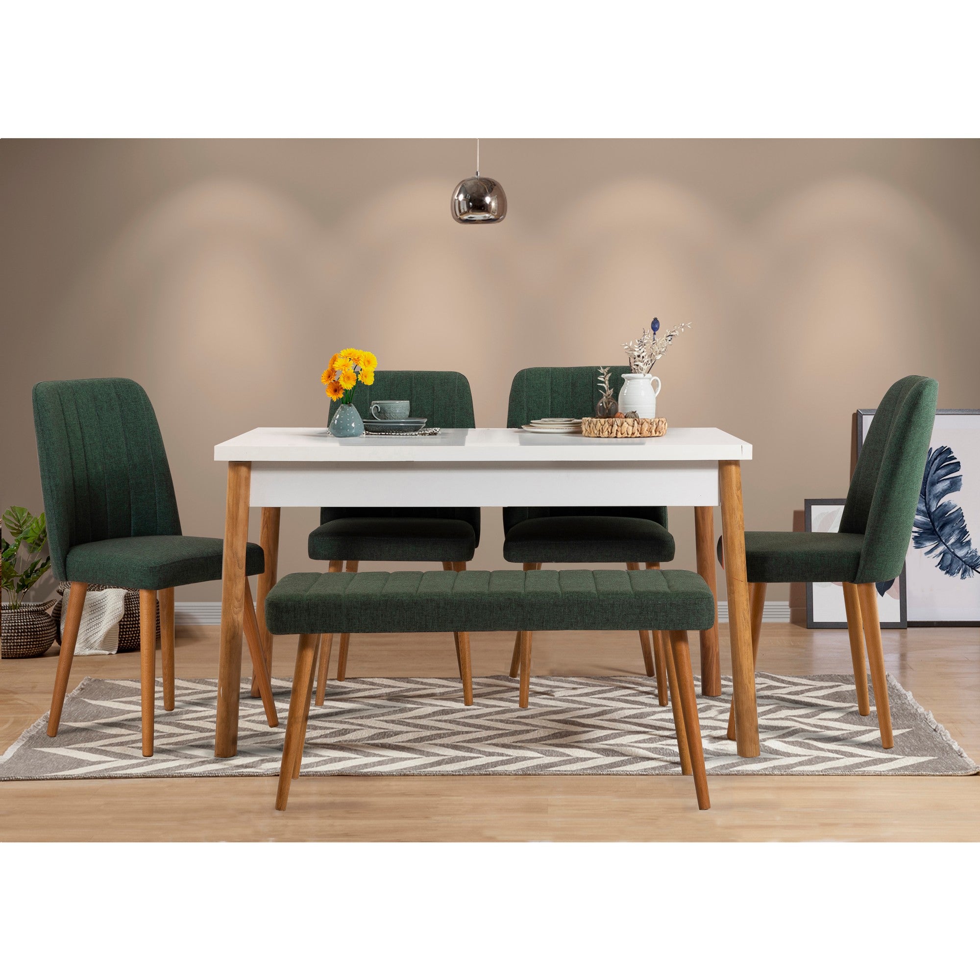 Conjunto de mesa e cadeiras escandinavo (6 peças) - Pinho Atlântico e branco/verde | 100% revestido em melamina, 18 mm de espessura | Solução de jantar elegante com pernas de madeira e assentos de espuma de linho