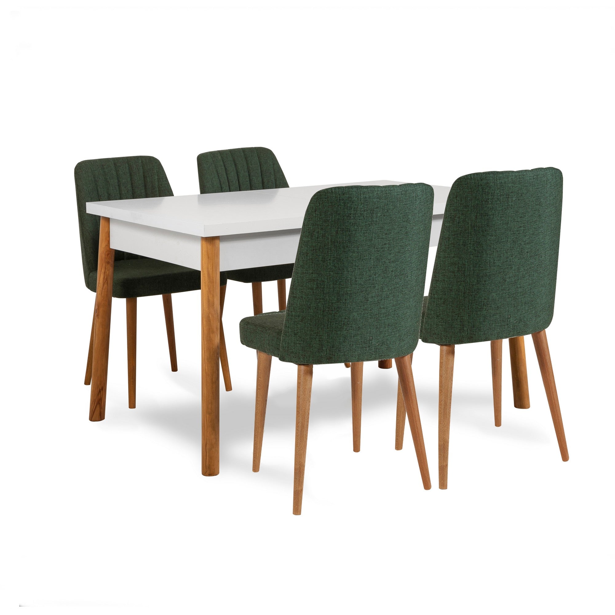 Conjunto de mesa e cadeiras escandinavo (6 peças) - Pinho Atlântico e branco/verde | 100% revestido em melamina, 18 mm de espessura | Solução de jantar elegante com pernas de madeira e assentos de espuma de linho