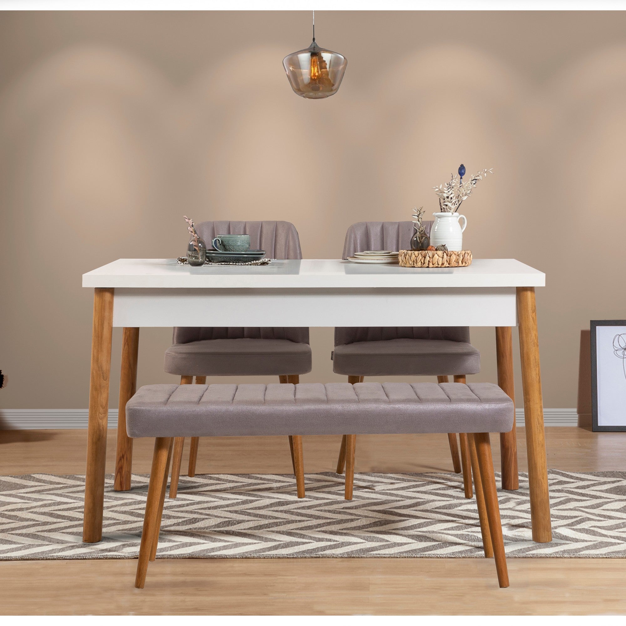 Conjunto de mesa e cadeiras escandinavo (4 peças) - Pinho Atlântico e branco/cinza | Revestimento 100% melamina, assentos de espuma de veludo, estrutura de metal | Solução de jantar elegante