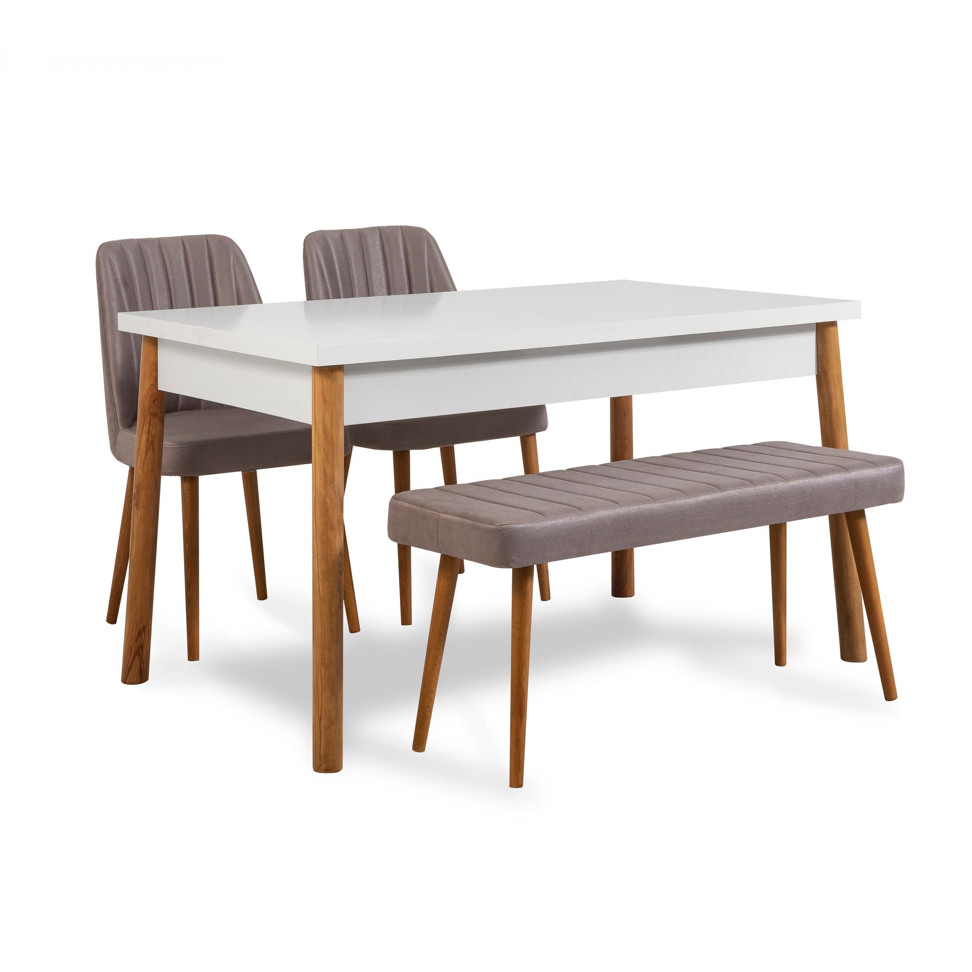 Conjunto de mesa e cadeiras escandinavo (4 peças) - Pinho Atlântico e branco/cinza | Revestimento 100% melamina, assentos de espuma de veludo, estrutura de metal | Solução de jantar elegante