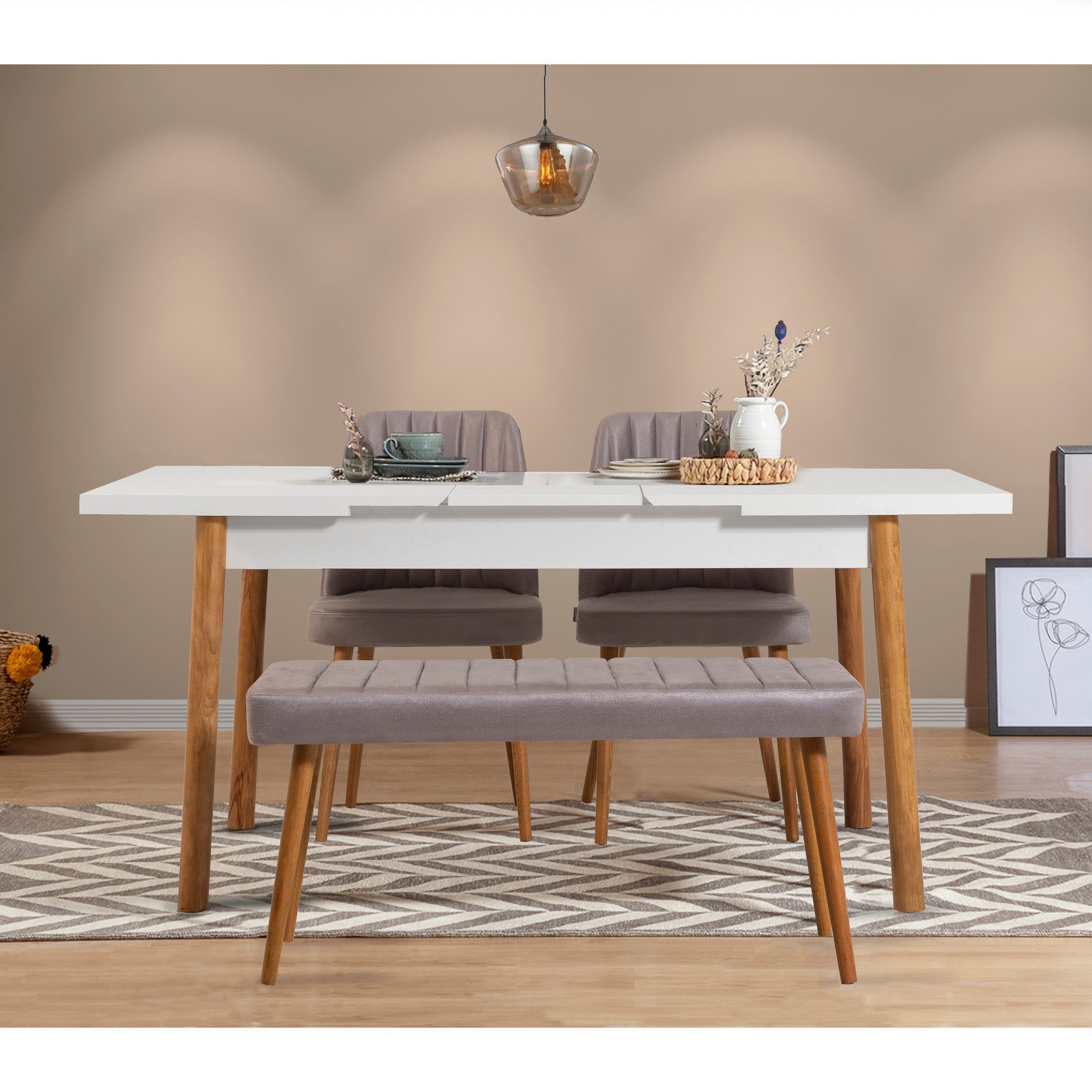 Conjunto de mesa de jantar extensível e cadeiras escandinavas (4 peças) | Pinho Atlântico e branco/cinza | 100% revestido em melamina, espuma de veludo | Elegante e funcional